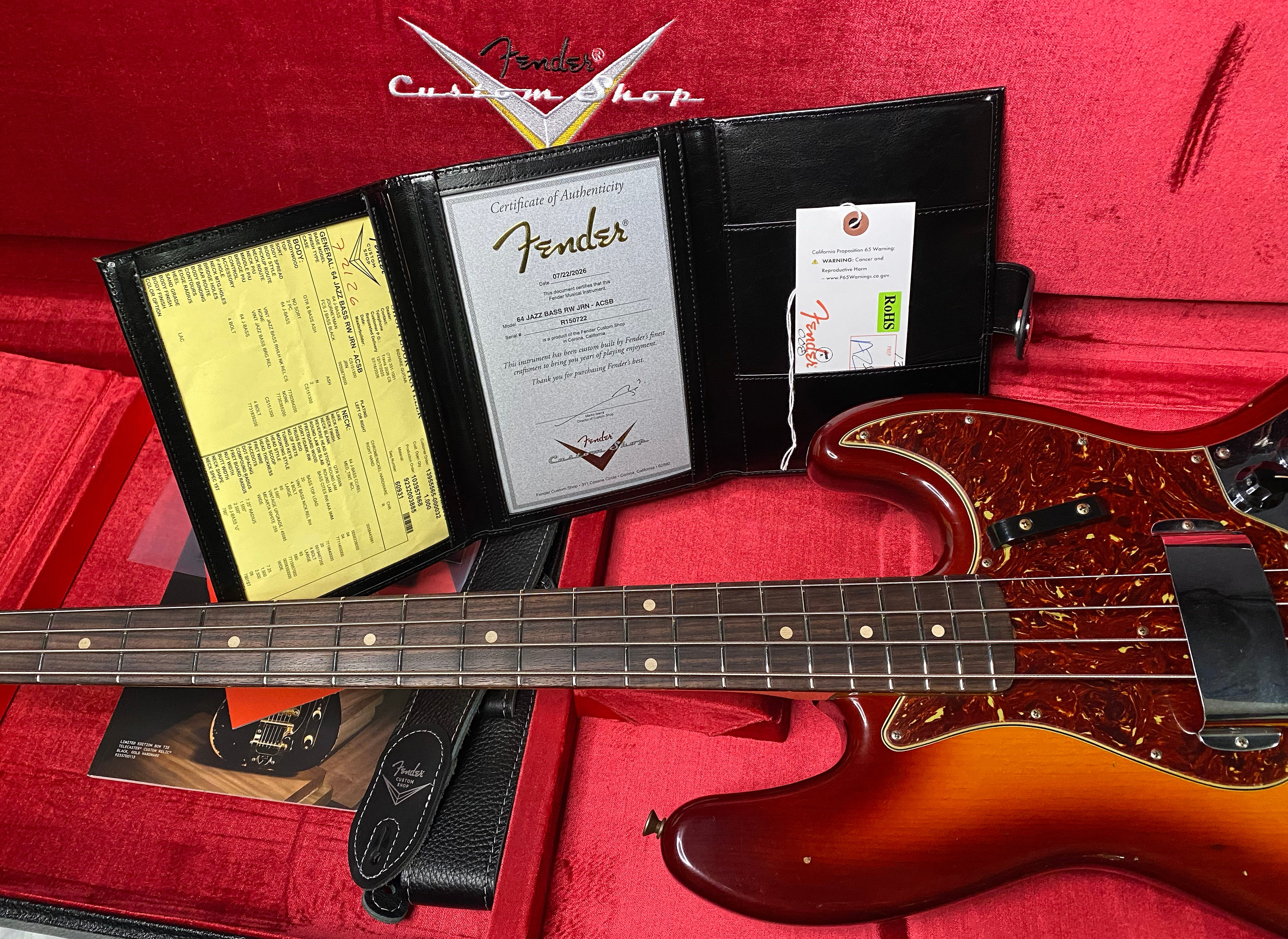 NEW! Fender Custom Shop 64 Jazz Bass Relic - Aged Cherry Sunburst Finish - Ash Body - 9.3 lbs - Authorized Dealer - G07508