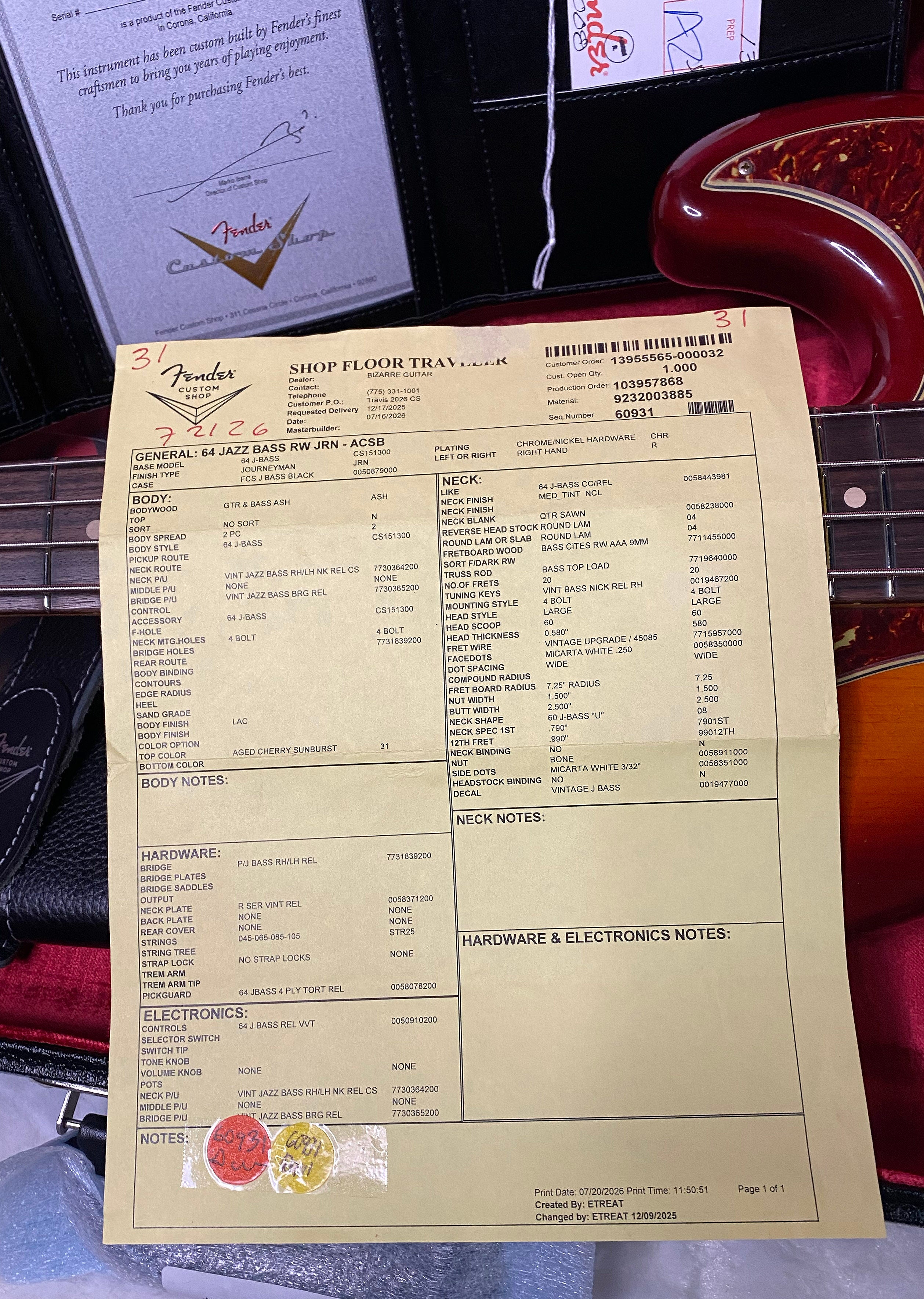 NEW! Fender Custom Shop 64 Jazz Bass Relic - Aged Cherry Sunburst Finish - Ash Body - 9.3 lbs - Authorized Dealer - G07508