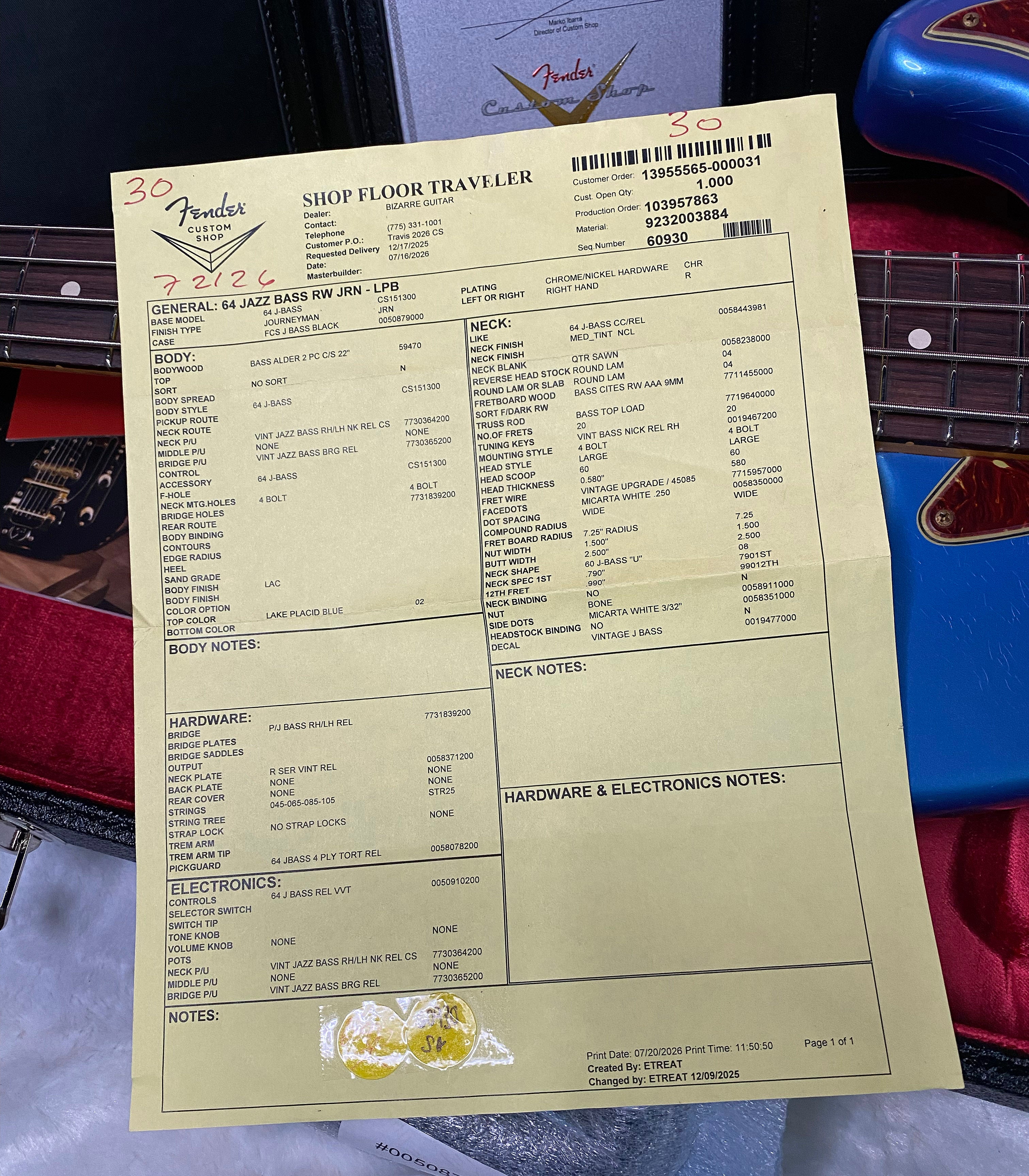 NEW! Fender Custom Shop 64 Jazz Bass Relic - Lake Placid Blue Finish - 9.4 lbs - Authorized Dealer - G07507