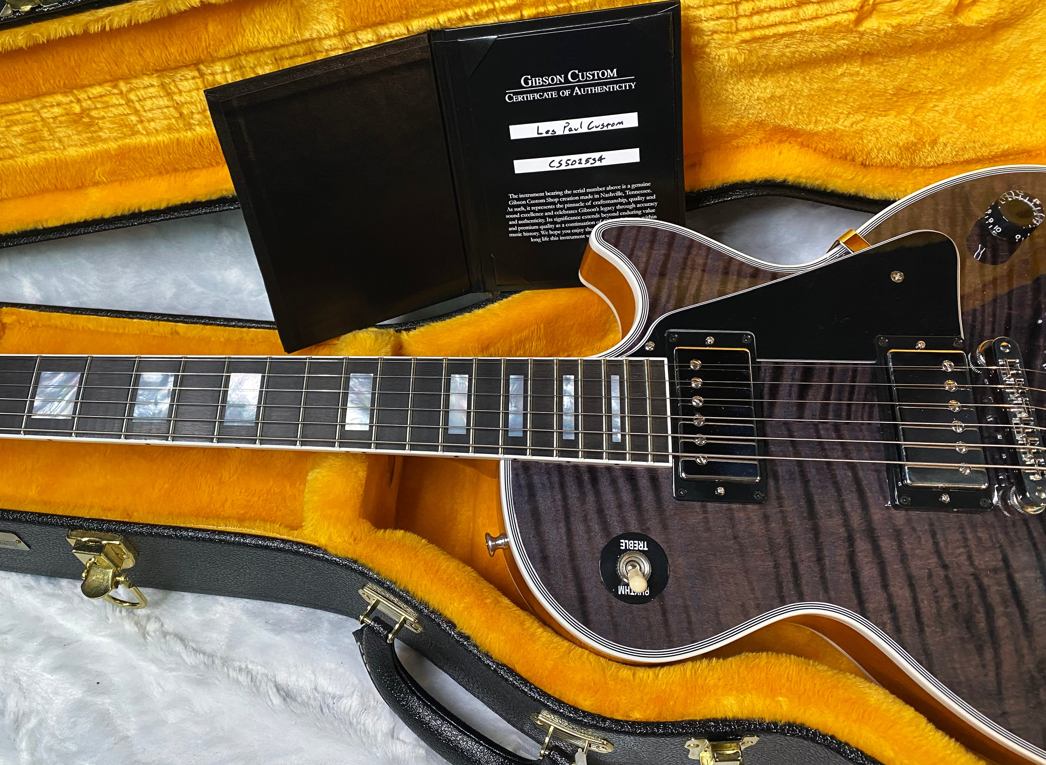 NEW! Gibson Dealer Select Custom Shop Les Paul Custom AAA Figured Flame Top - Transparent Black / Natural Back - Authorized Dealer - Curly Monster Flame! WOW! 8.9 lbs - G06798