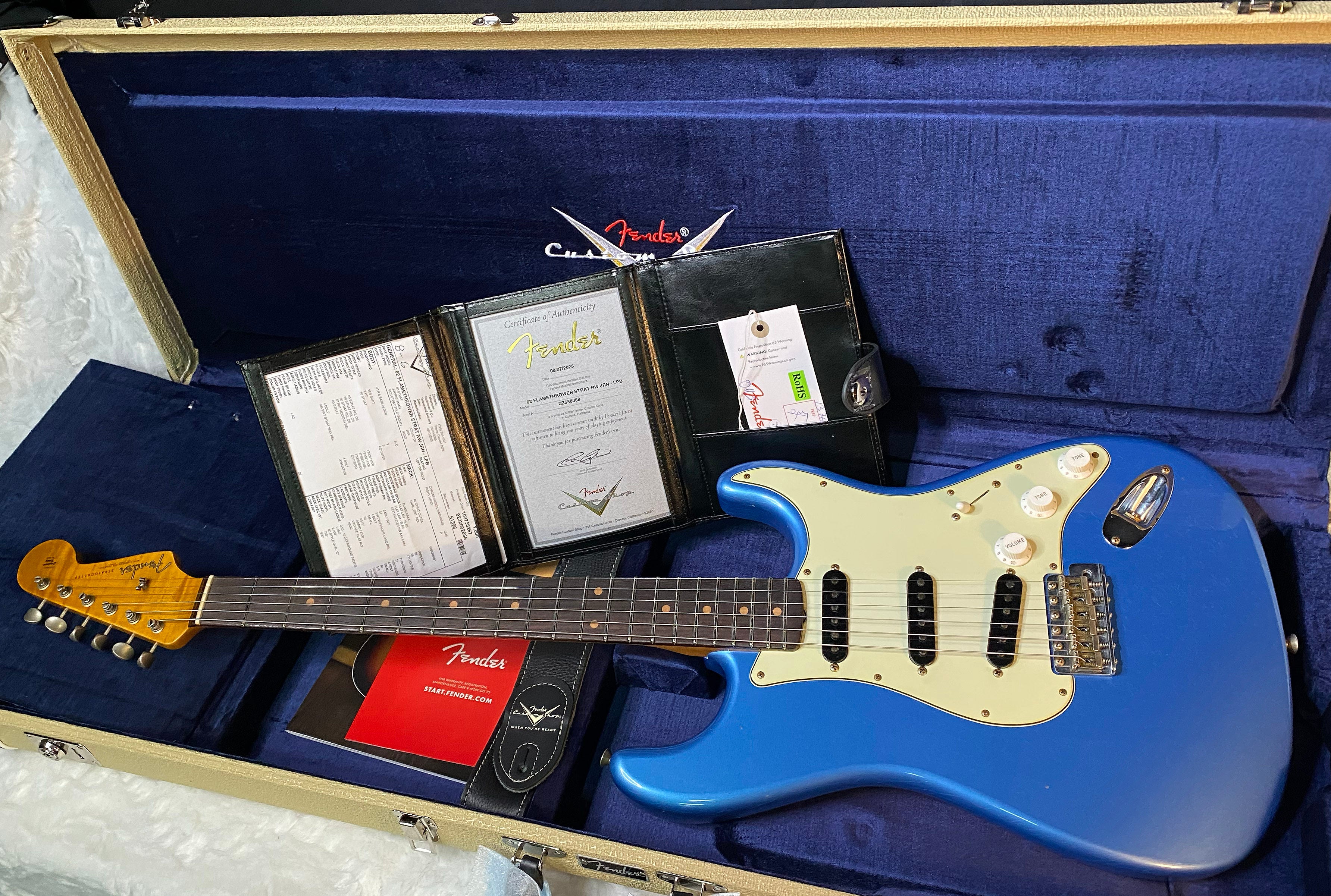 NEW ! Fender Custom Shop ' 62 Stratocaster Bizarre Guitar Exclusive Flamethrower - Journeyman Relic - Super Limited Edition - Lake Placid Blue - AAAA Flamed Maple Neck - Authorized Dealer - G05505
