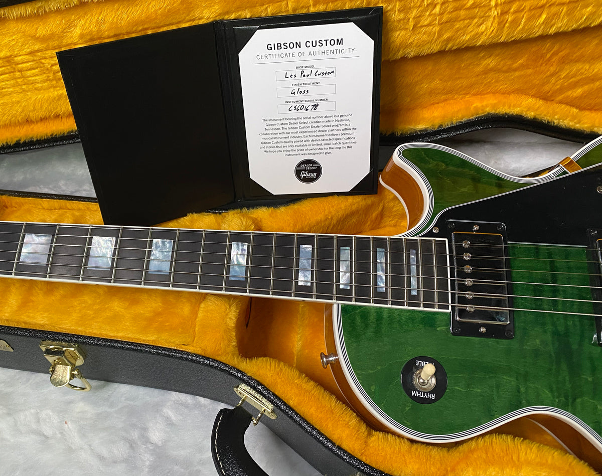 NEW! Gibson Dealer Select Custom Shop Les Paul Custom AAA Figured Flame Top - Transparent Green / Natural Back - Authorized Dealer - WOW! Only 8.7 lbs - G07689