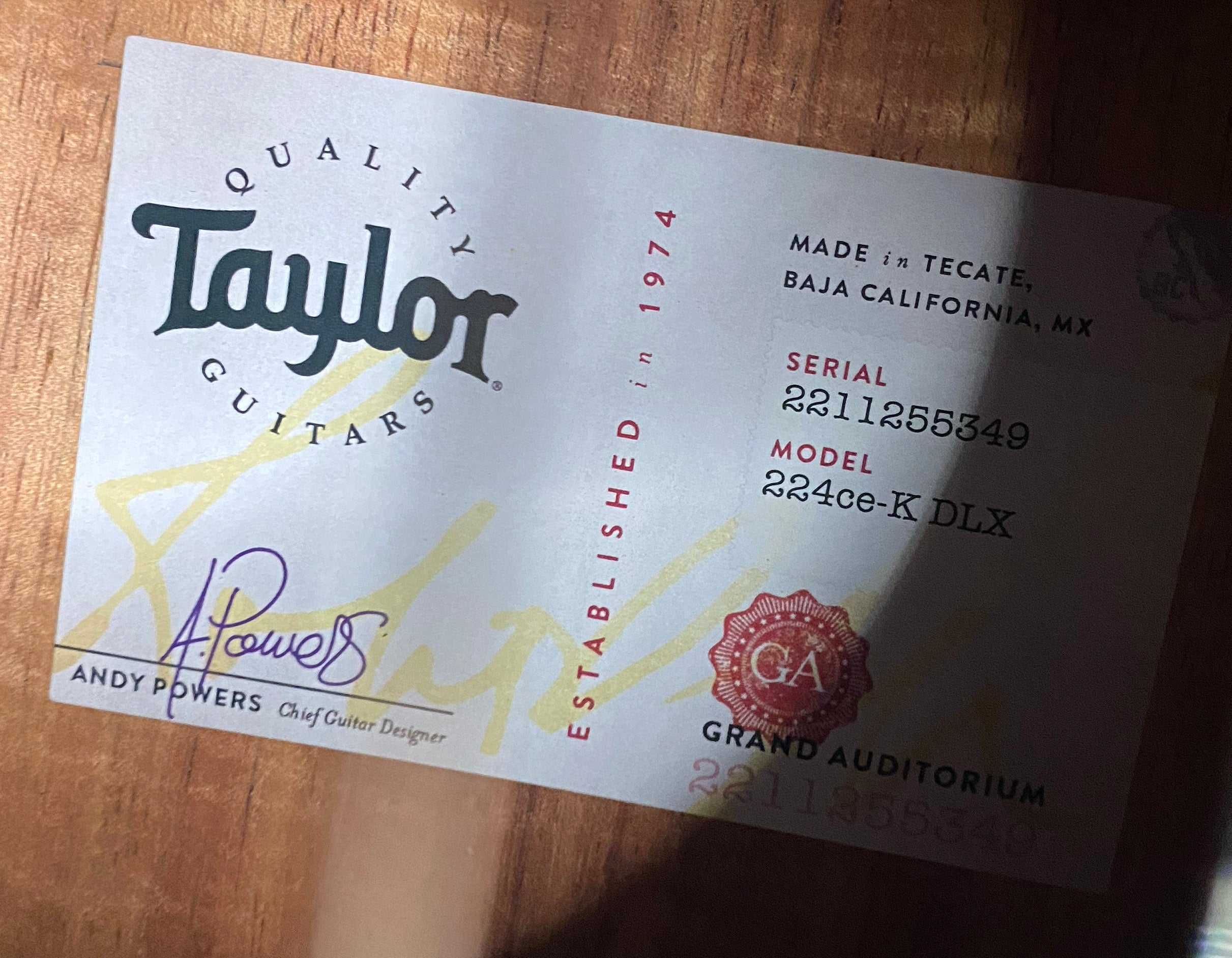 NEW! Taylor 224ce-K DLX Grand Auditorium Acoustic-Electric Guitar - Tobacco - 4.85lbs - Authorized Dealer - G06215