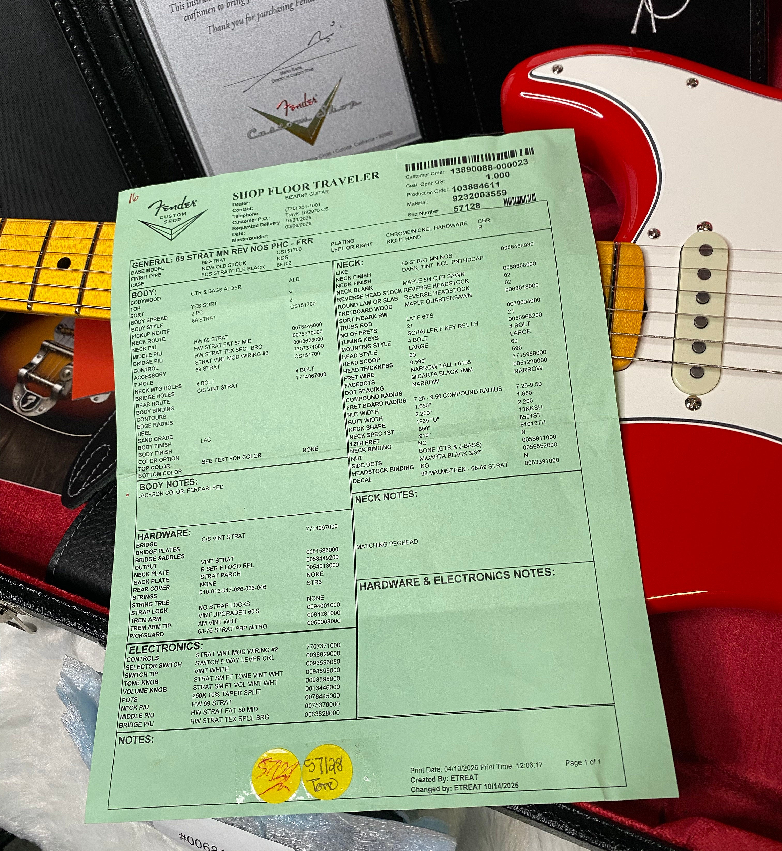 NEW! Fender Custom Shop Special Run '69 Stratocaster NOS Finish - Handwound P/U's - Ferrari Red - Reverse Matching Headstock - 8 lbs - Authorized Dealer - One OFF! SUPRE RARE! G06974