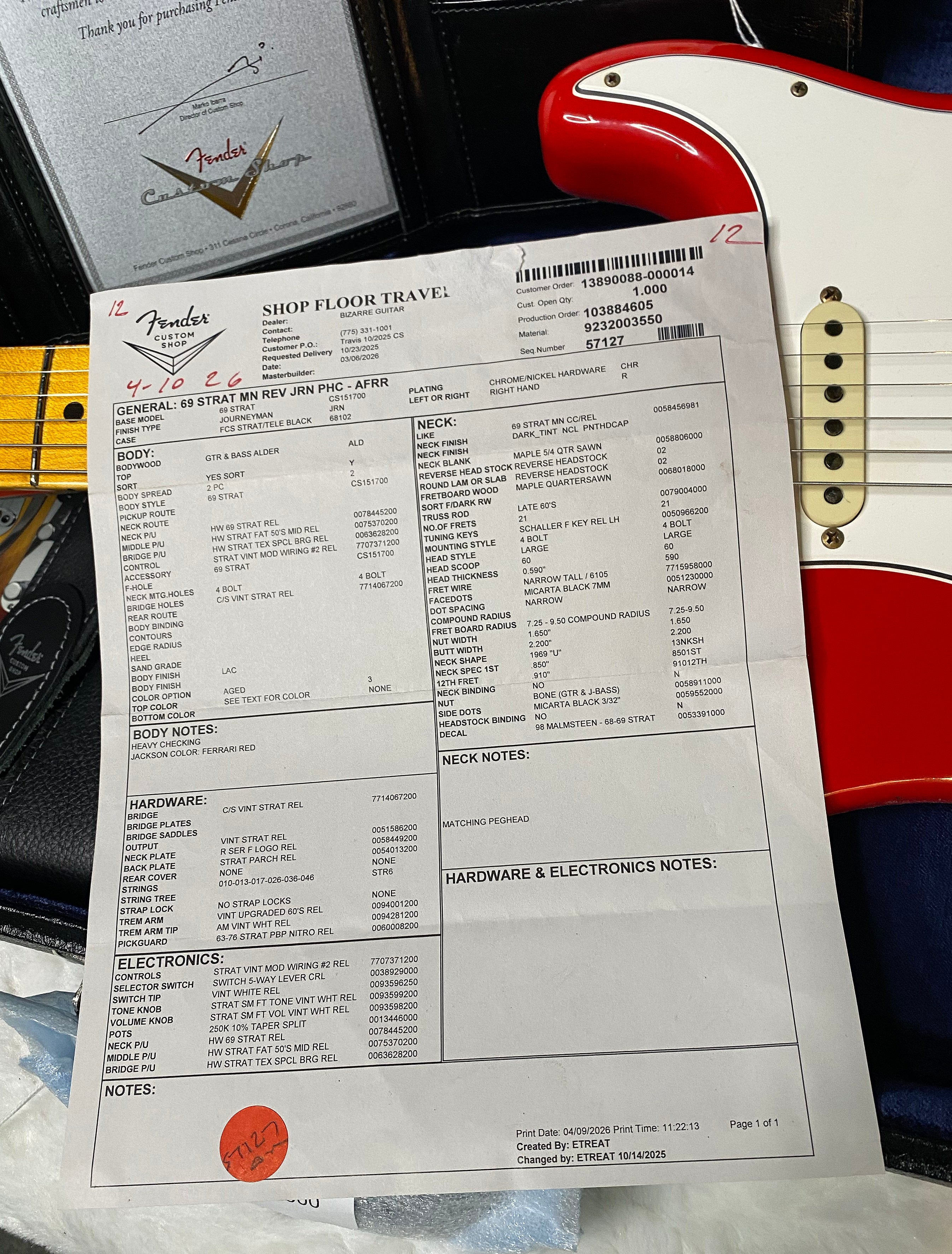 NEW! Fender Custom Shop Special Run '69 Stratocaster Journeyman Relic - Handwound P/U's - Aged Ferrari Red - Reverse Headstock - 7.8lbs - Authorized Dealer - One OFF! SUPRE RARE! G06975