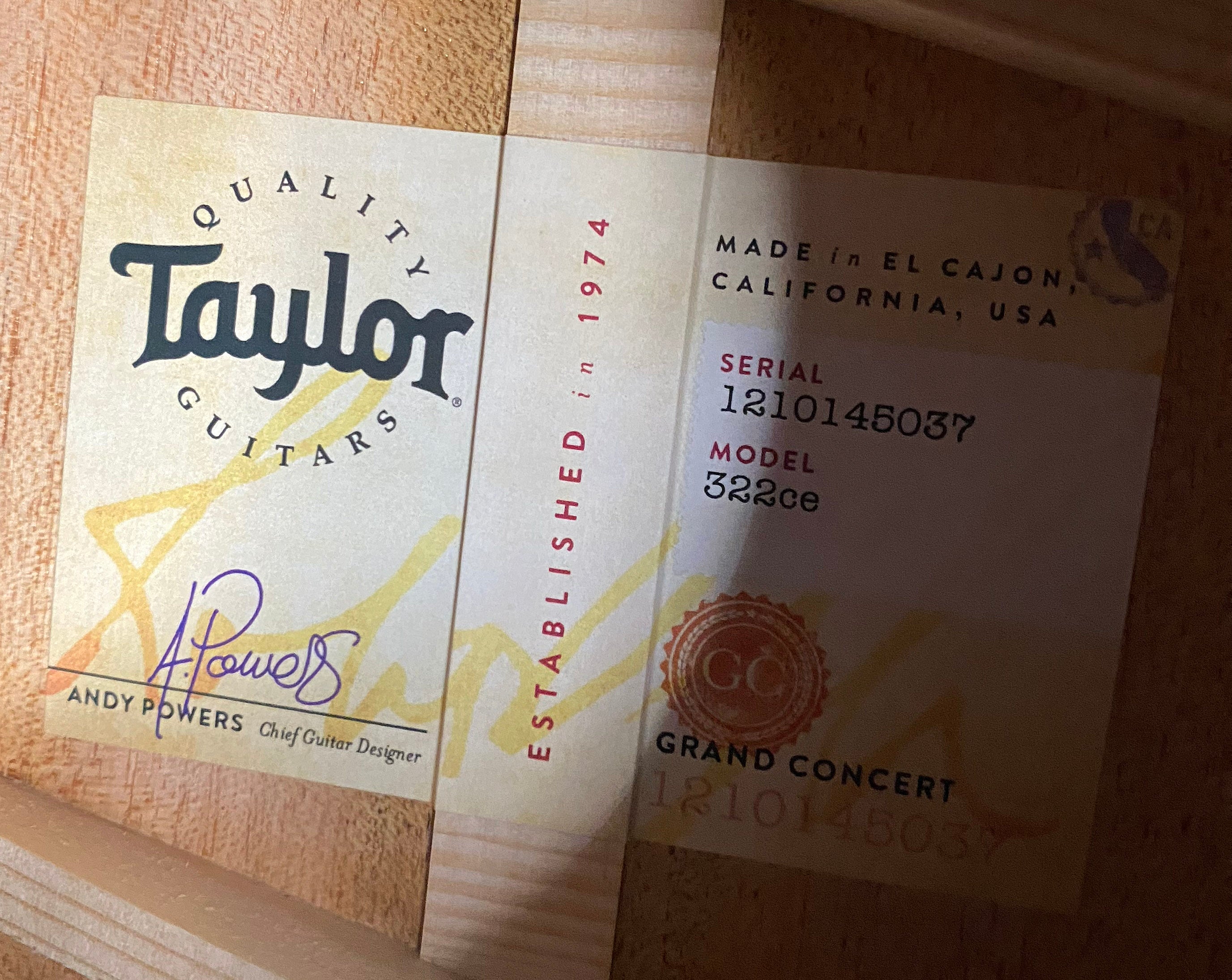 NEW! Taylor 322ce V-Class Grand Concert Acoustic-Electric Guitar - Tobacco - Authorized Dealer - 4.35lbs SN 1210145037