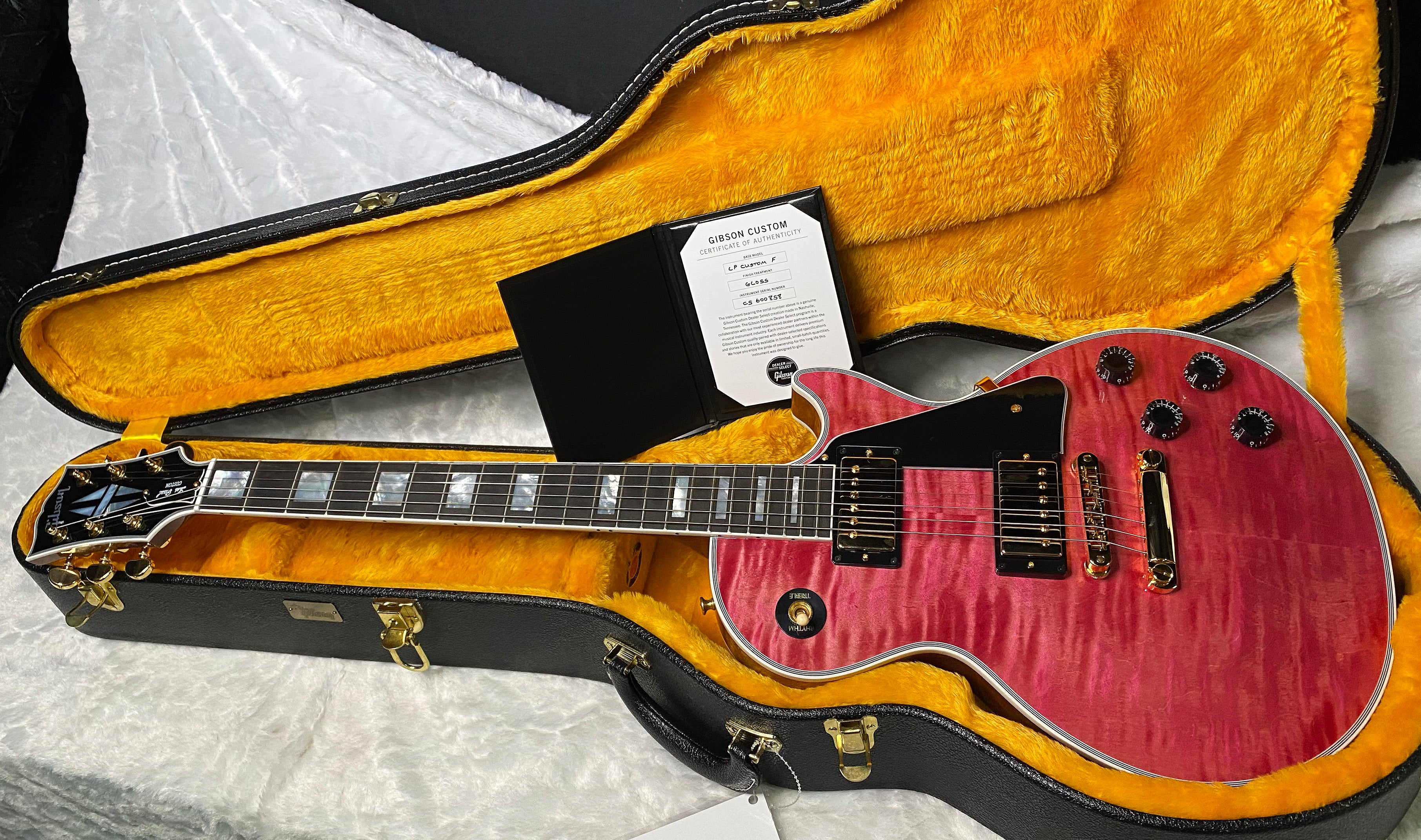 NEW! Gibson Dealer Select Custom Shop Les Paul Custom AAA Figured Top - Transparent Pink - Authorized Dealer - WOW! 8.65 lbs - G06982
