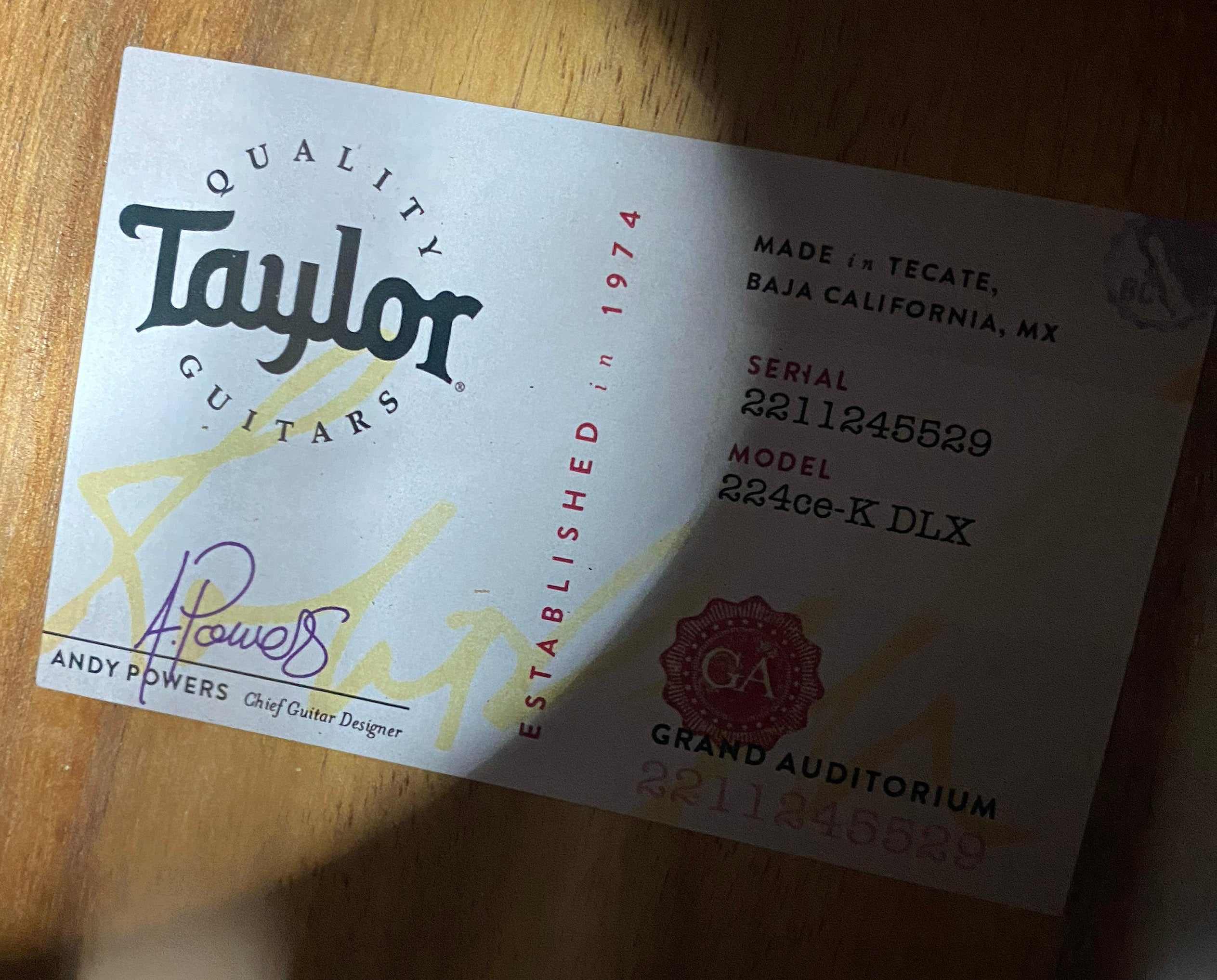 NEW! Taylor 224ce-K DLX Grand Auditorium Acoustic-Electric Guitar - Tobacco - 4.8lbs - Authorized Dealer - G06249