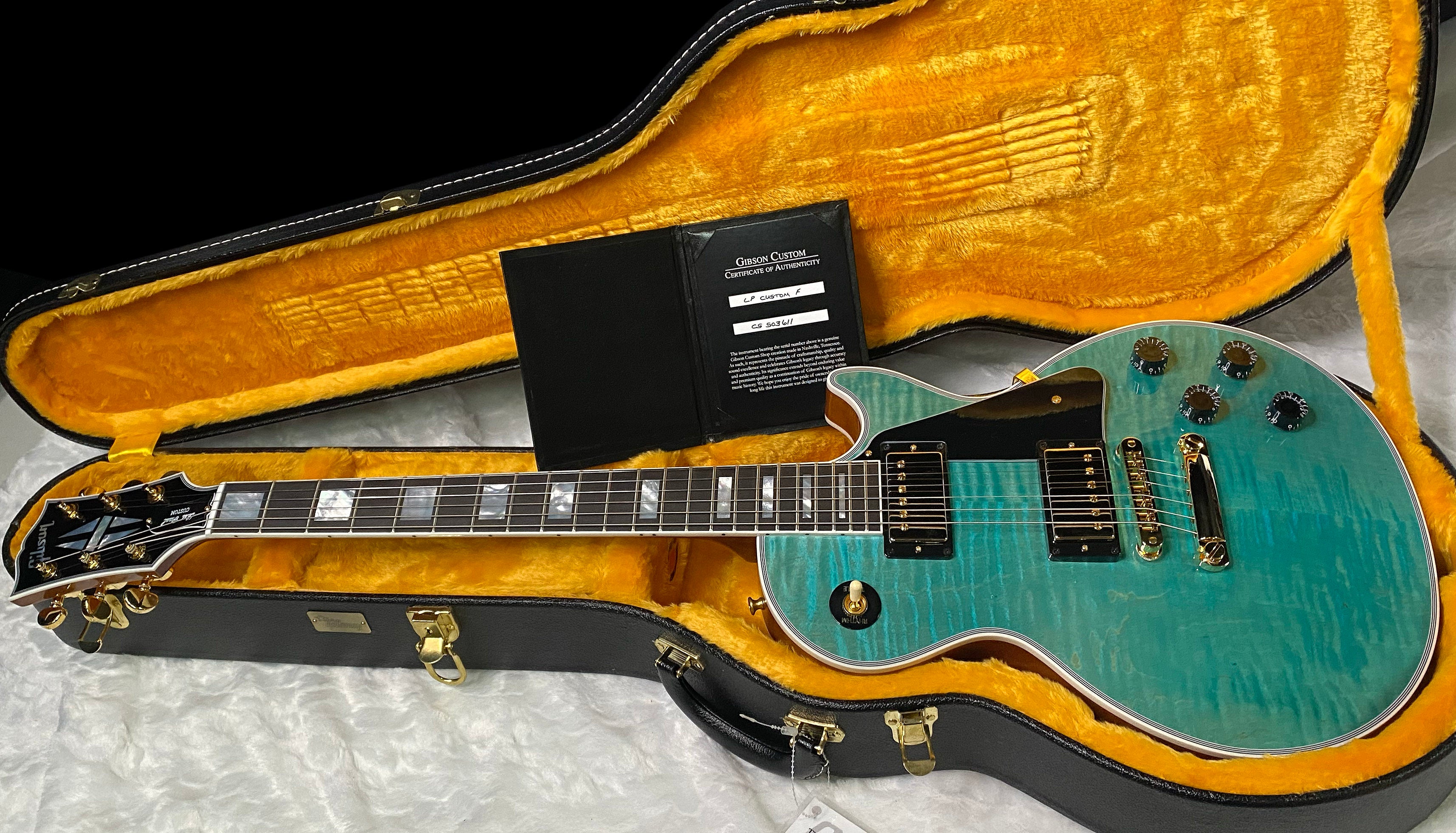 NEW! Gibson Dealer Select Custom Shop Les Paul Custom AAA Quilt Top - Aqua Blue - Authorized Dealer - WOW! 8 lbs - G06348
