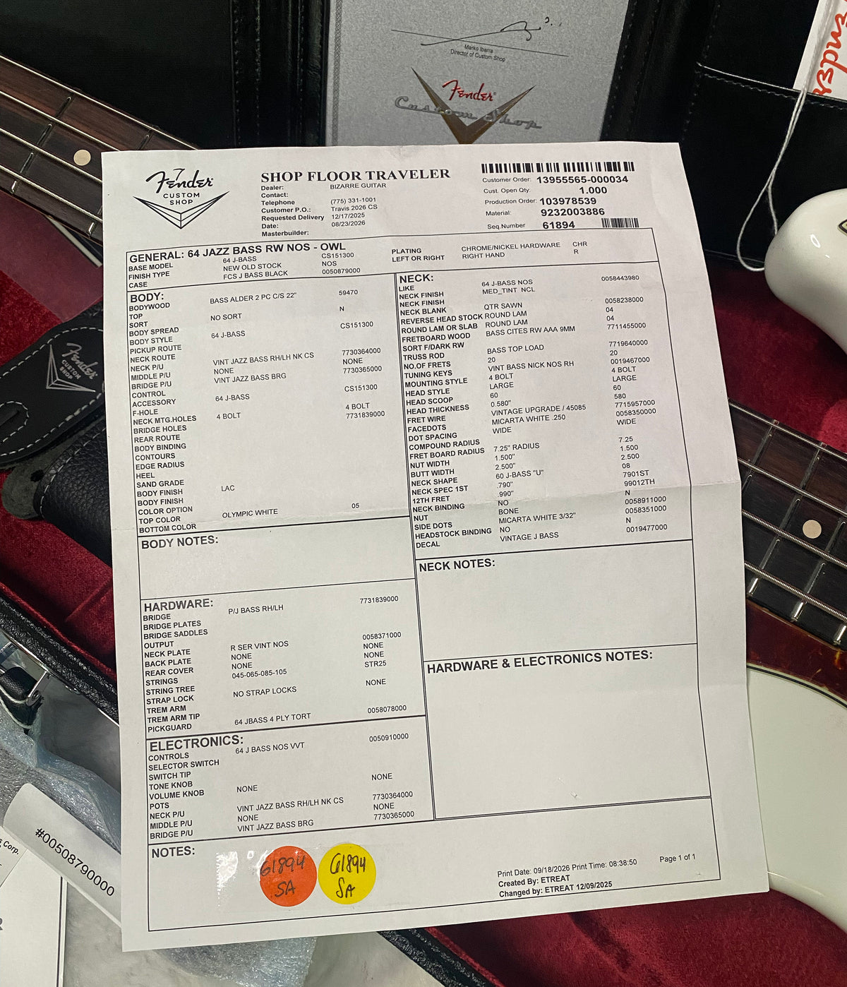 NEW! Fender Custom Shop 64 Jazz Bass NOS - Olympic White - 9.7 lbs - Authorized Dealer - G07794