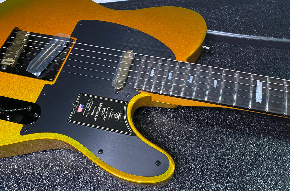 NEW! Fender 75th Anniversary American Ultra II Telecaster - Ebony Board - Liquid Gold Finish - 7.9lbs - Authorized Dealer - G07798