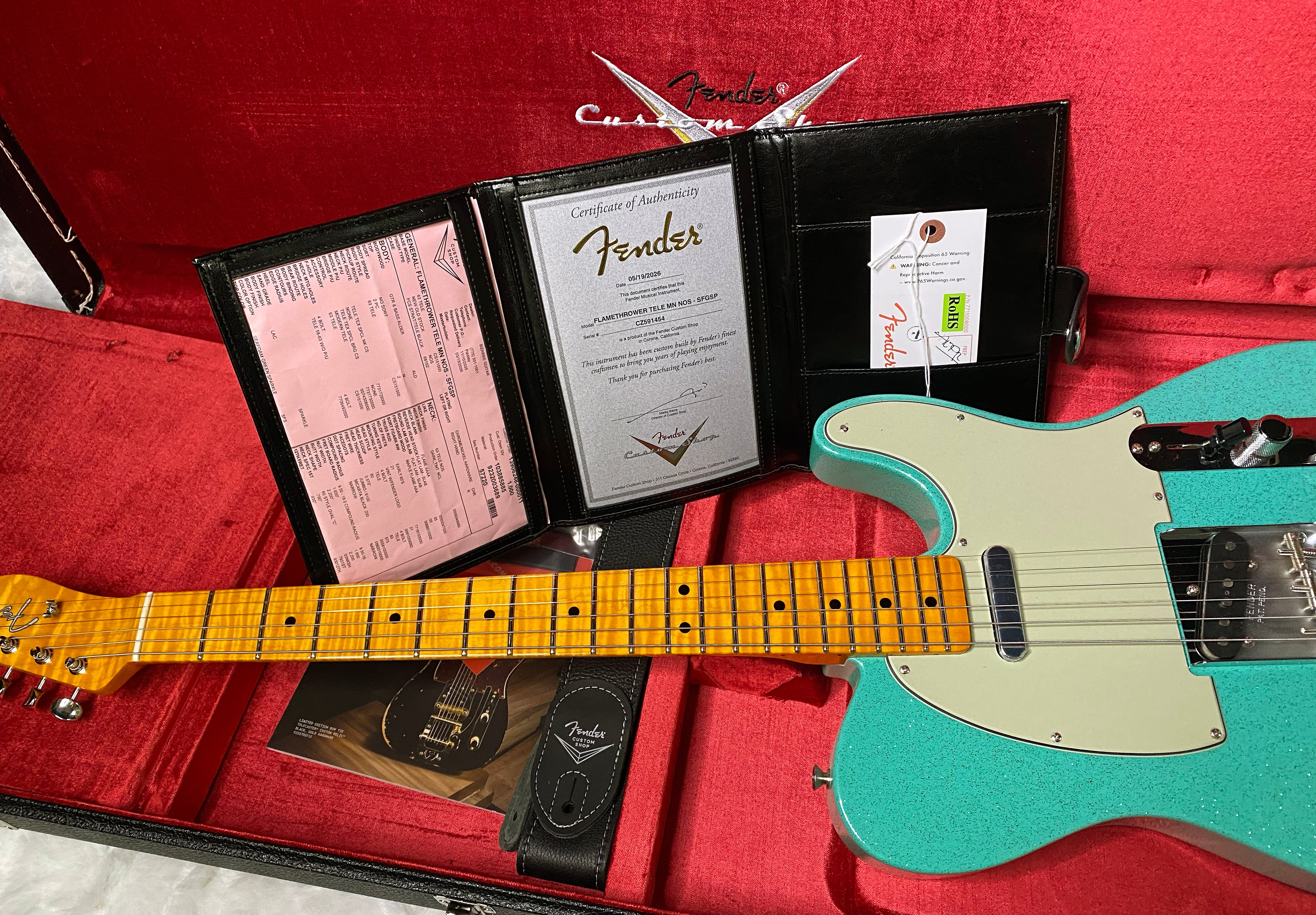 NEW! Fender Custom Shop Flamethrower Telecaster Custom - NOS - Modern Specs - Texas Special Pick-Ups - AAAA Flamed Neck - Seafoam Green Sparkle - Authorized Dealer - 7.6lbs - G07120