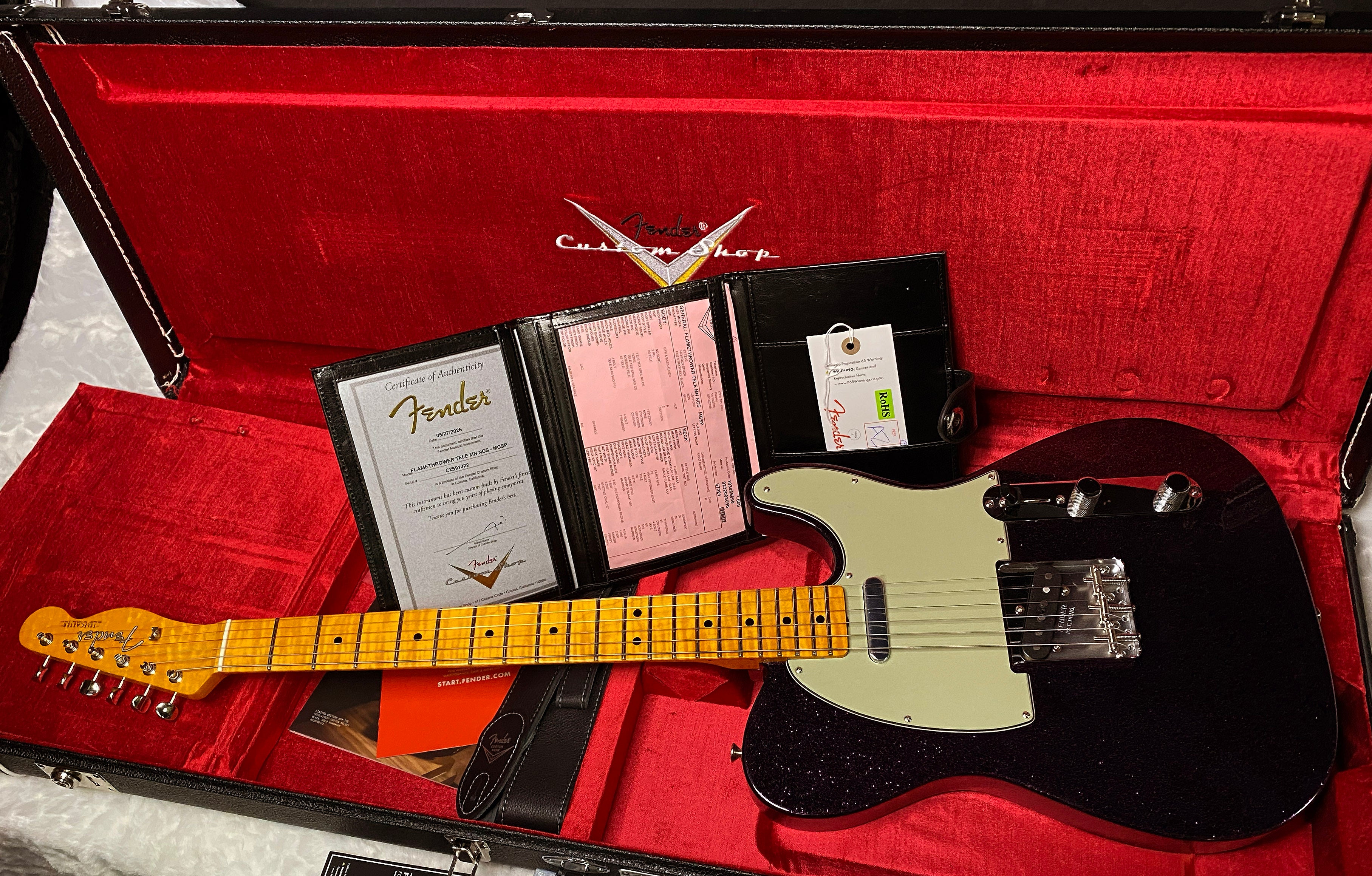 NEW! Fender Custom Shop Flamethrower Telecaster Custom - NOS - Modern Specs - Texas Special Pick-Ups - AAAA Flamed Neck - Magenta Sparkle - Authorized Dealer - 7.55lbs - G07167