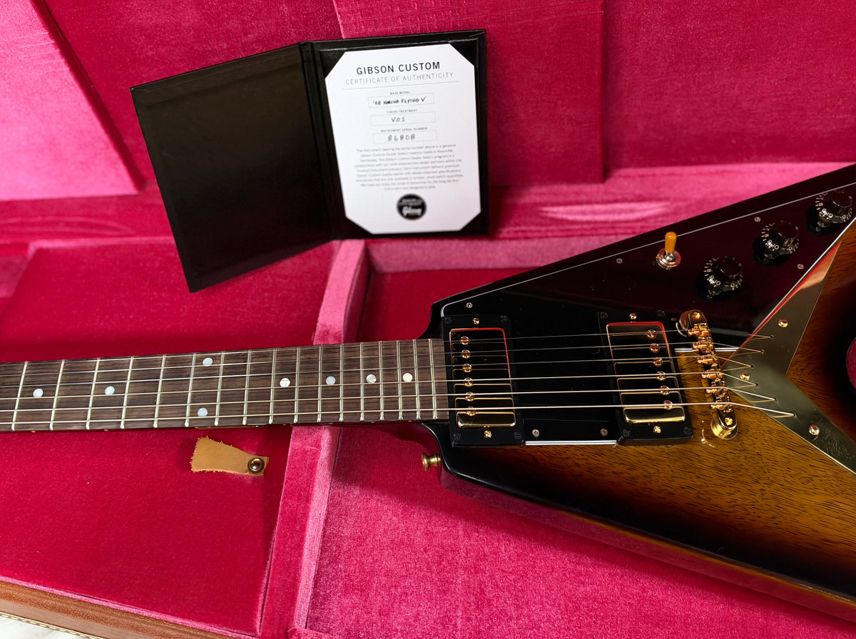 NEW! Gibson Custom 1958 Korina Flying V Reissue Electric Guitar - VOS - Vintage Sunburst - Authorized Dealer - Only 7.4lbs - G07973