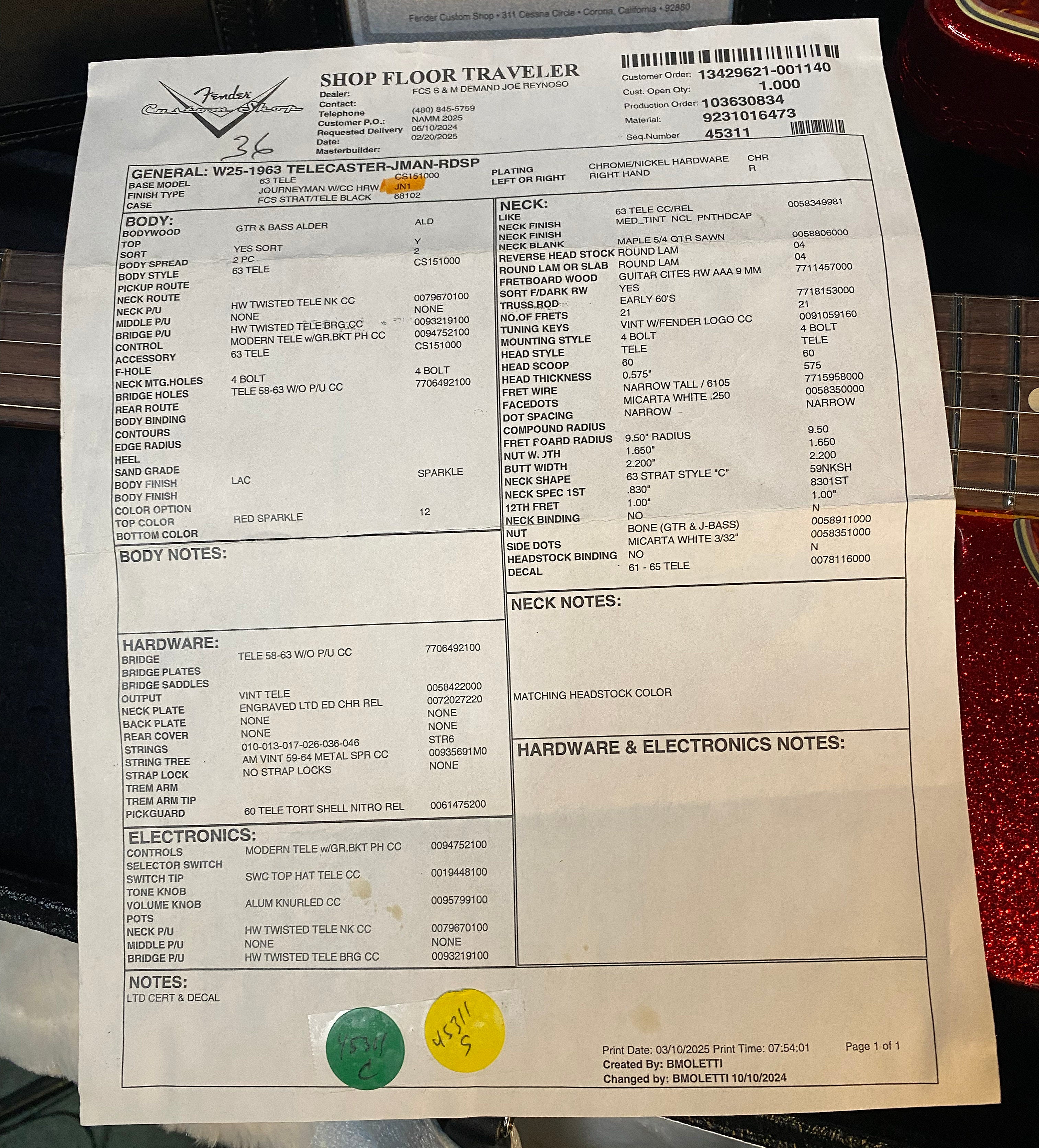 NEW! Fender Custom Shop Telecaster 1963 Reissue - Journeyman Relic - Red Sparkle Matching Peg Head - Handwound Pick Ups - Authorized Dealer - 7.3lbs - G05149