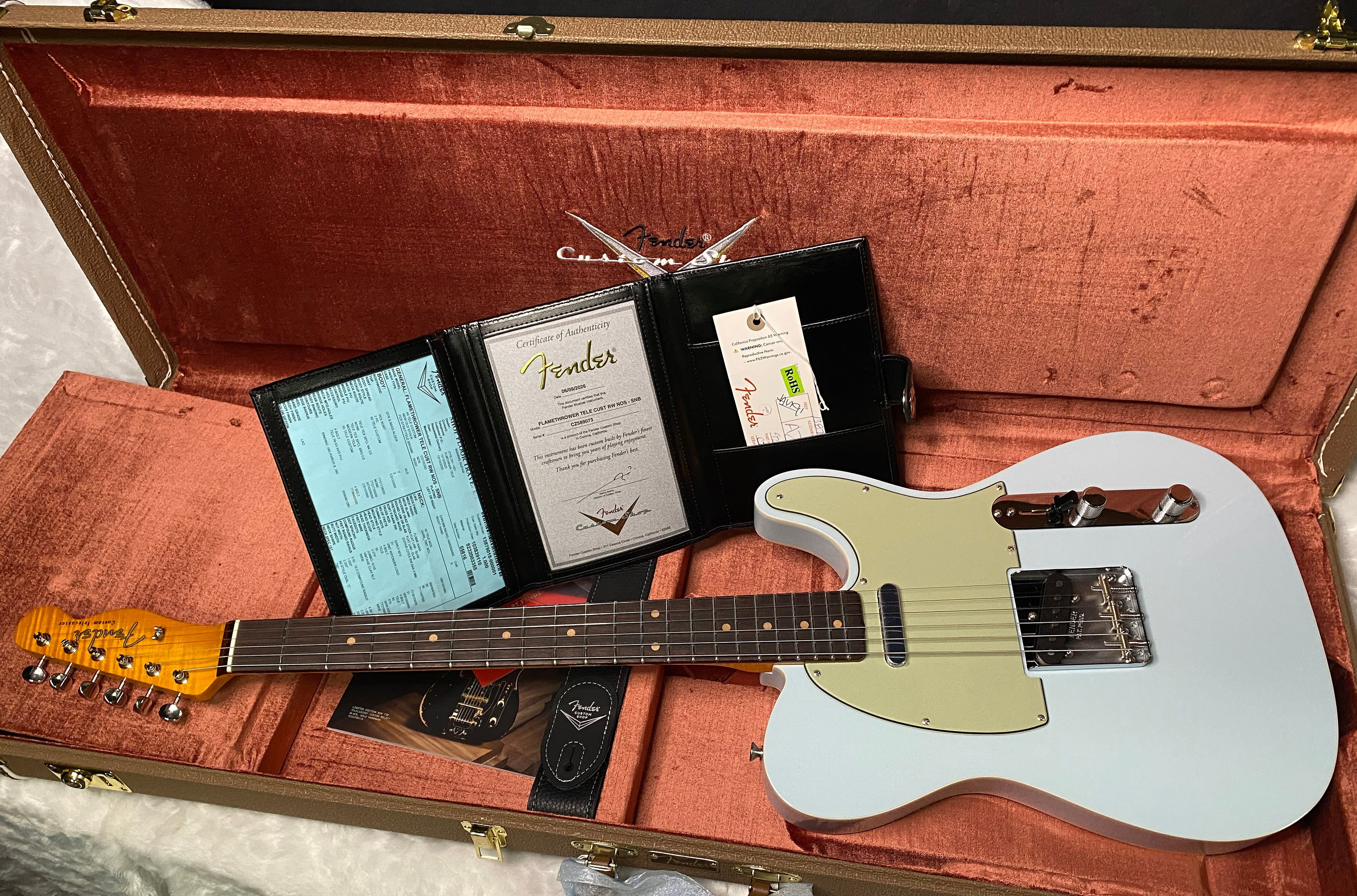 NEW! Fender Custom Shop Flamethrower Telecaster Custom - NOS - Modern Specs - Texas Special Pick-Ups - AAAA Flamed Neck -Sonic Blue - Authorized Dealer - 7.9lbs - G07231