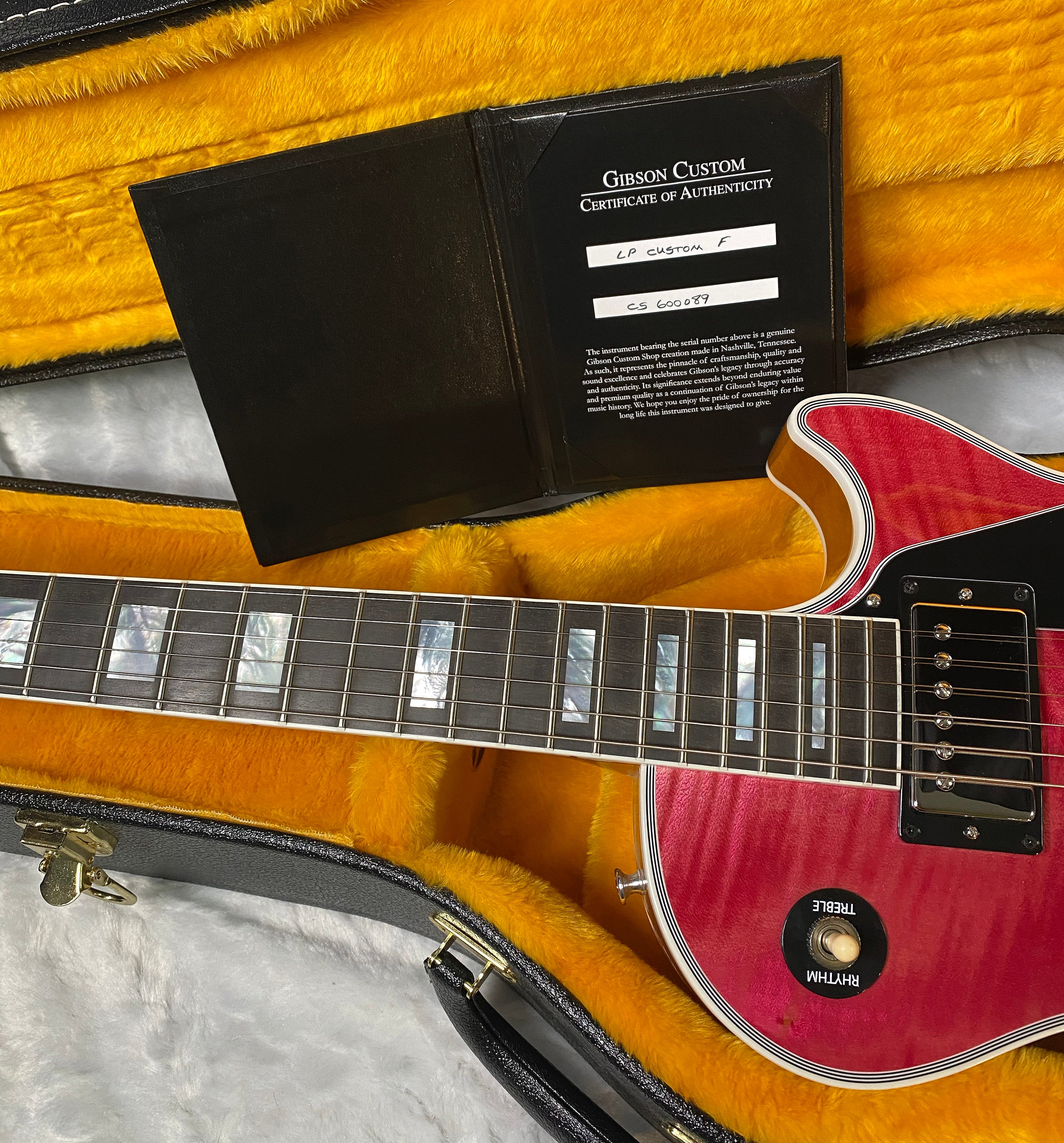 NEW! Gibson Dealer Select Custom Shop Les Paul Custom AAA Reverse Chevron Figured Top - Transparent Pink - Authorized Dealer - WOW! 8.8 lbs - G06630
