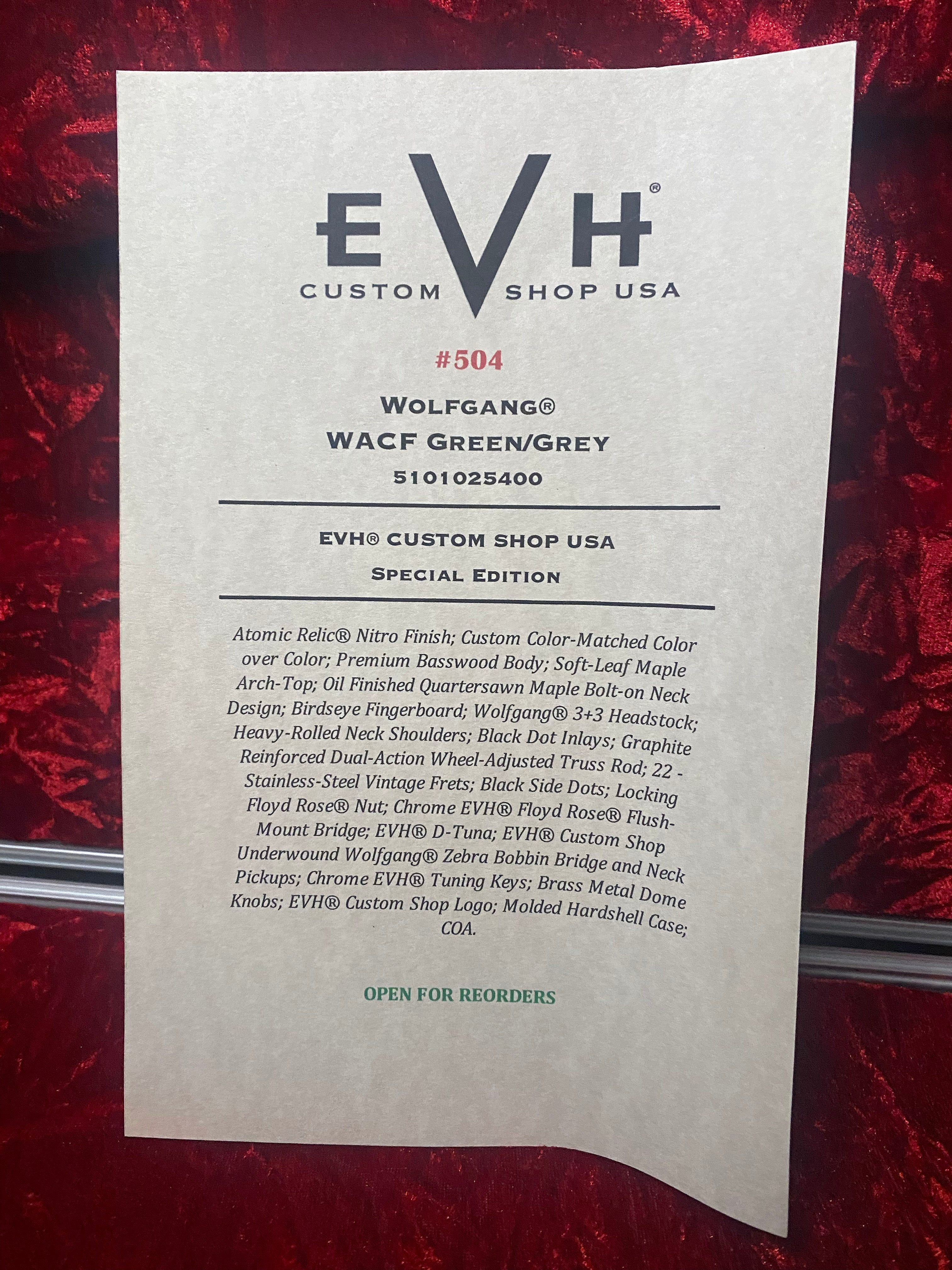 NEW! EVH Custom Shop USA Wolfgang WACF Limited Edition Relic - 2026 Dealer Event - Grey / Green - 7.6 lbs - ULTRA RARE! Authorized Dealer - G07363