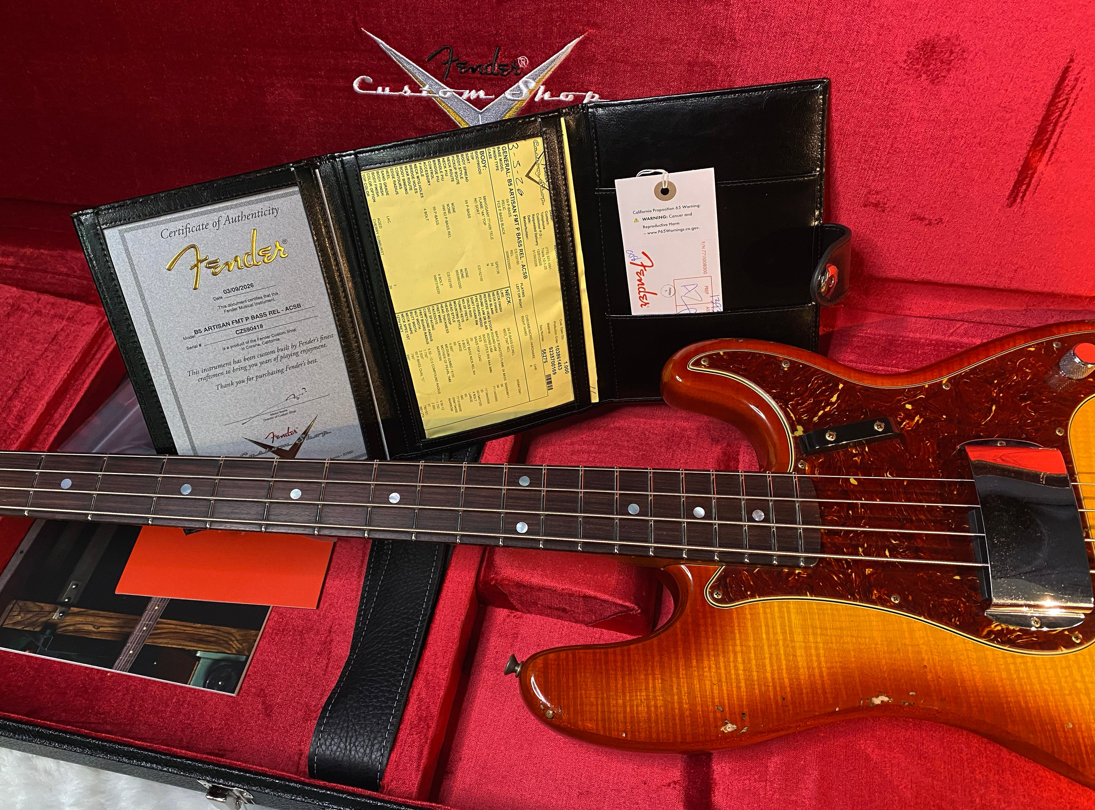 NEW! Fender Artisan Flame Maple Top Precision Bass Relic - Custom Shop - Aged Cherry Sunburst - Absolutely Beautiful - Flamed Roasted Maple Neck - Authorized Dealer - 9.3lbs - G06781