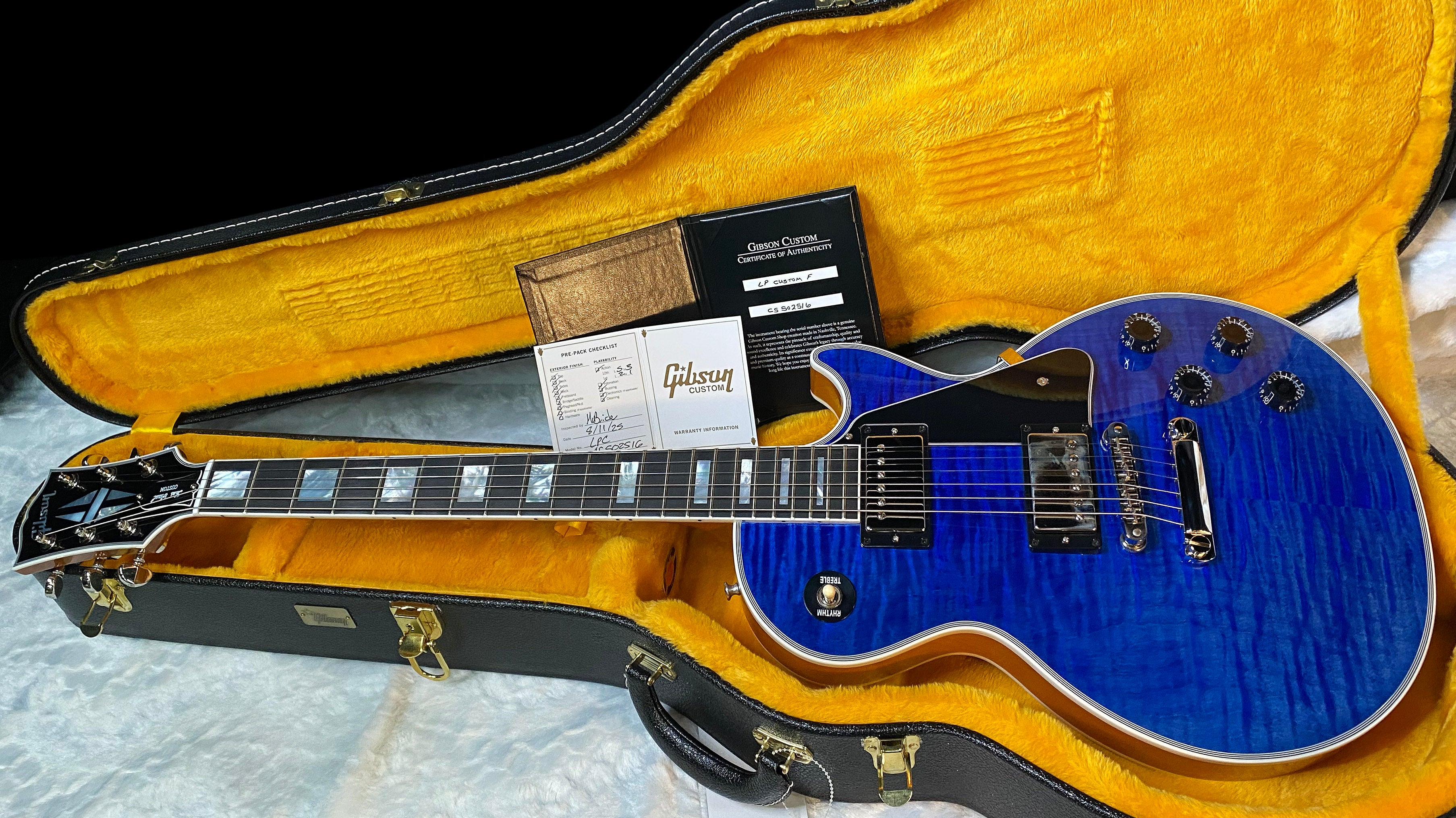 NEW! Gibson Dealer Select Custom Shop Les Paul Custom AAA Figured Flame Top - Transparent Blue / Natural Back - Authorized Dealer - WOW! 8.3 lbs - G05971