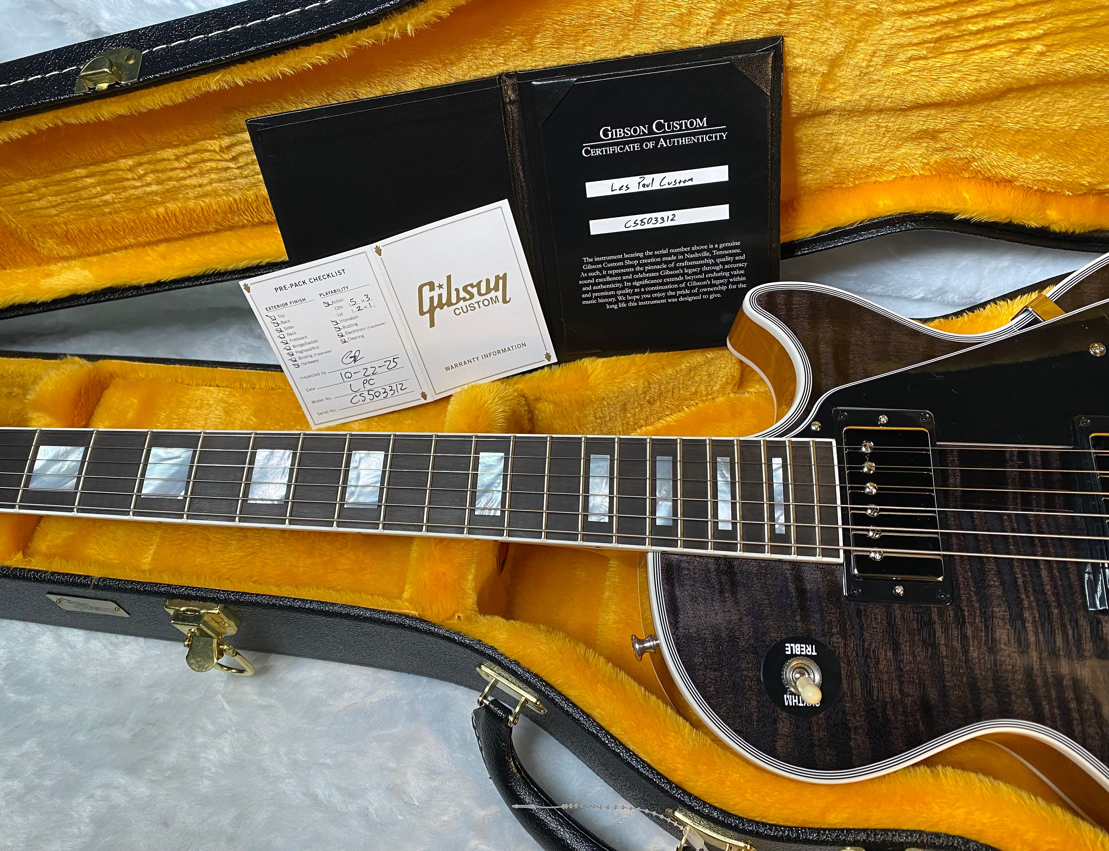 NEW! Gibson Dealer Select Custom Shop Les Paul Custom AAA Figured Flame Top - Transparent Black / Natural Back - Authorized Dealer - WOW! WOW! WOW! 8.9 lbs - G05989