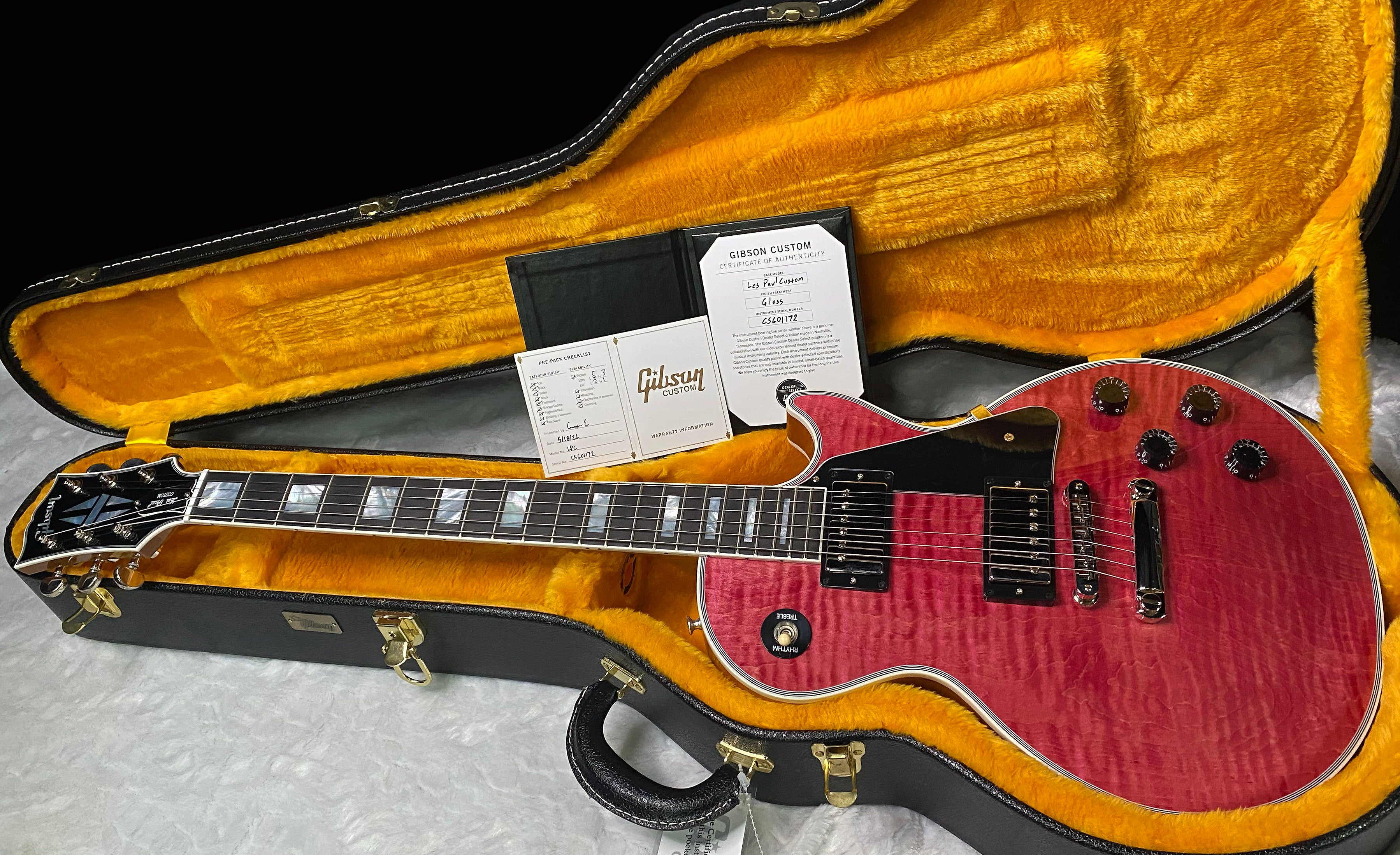 NEW! Gibson Dealer Select Custom Shop Les Paul Custom AAA Super Curly Figured Top - Transparent Pink - Authorized Dealer - WOW! 8.8 lbs - G07451
