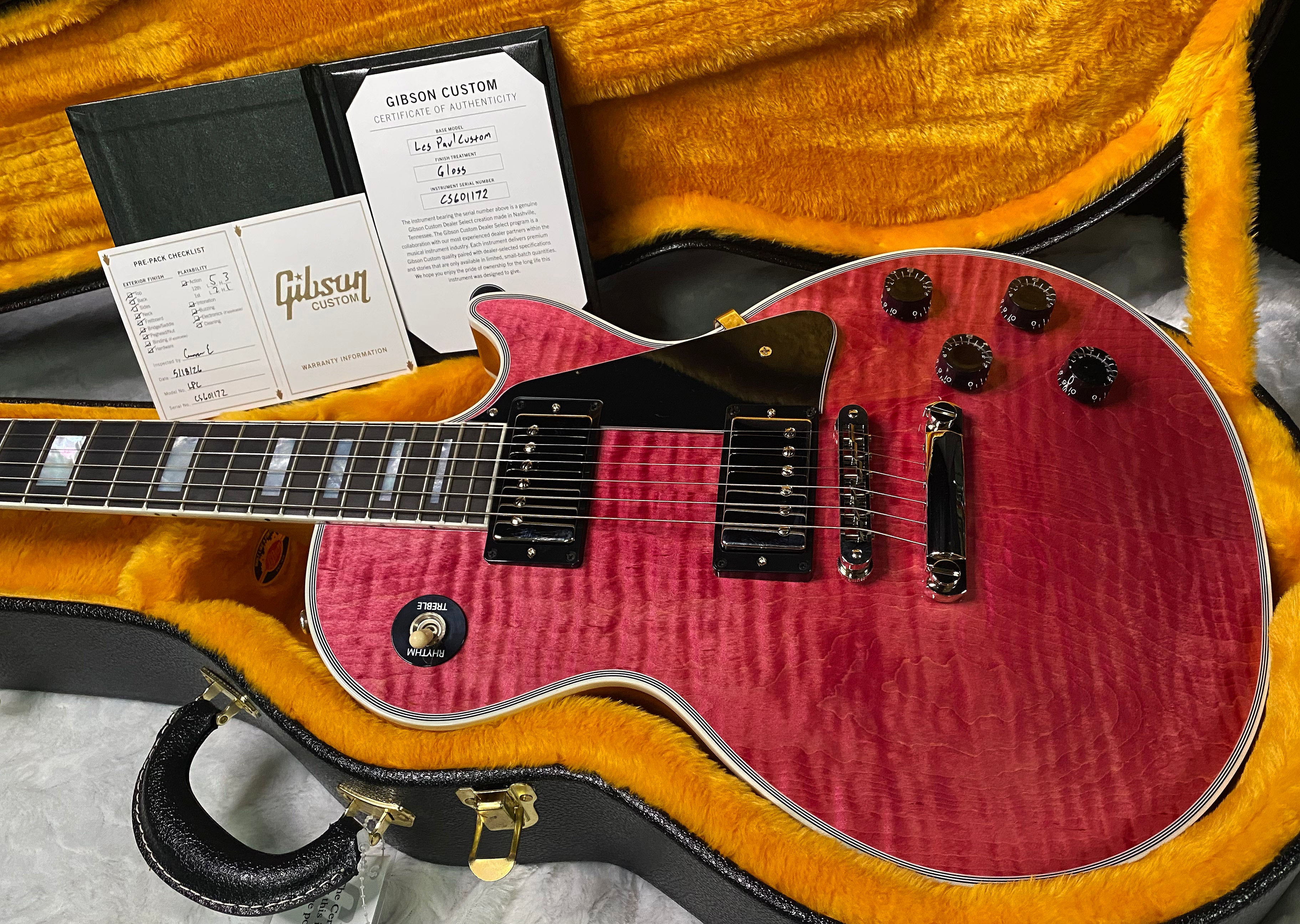 NEW! Gibson Dealer Select Custom Shop Les Paul Custom AAA Super Curly Figured Top - Transparent Pink - Authorized Dealer - WOW! 8.8 lbs - G07451