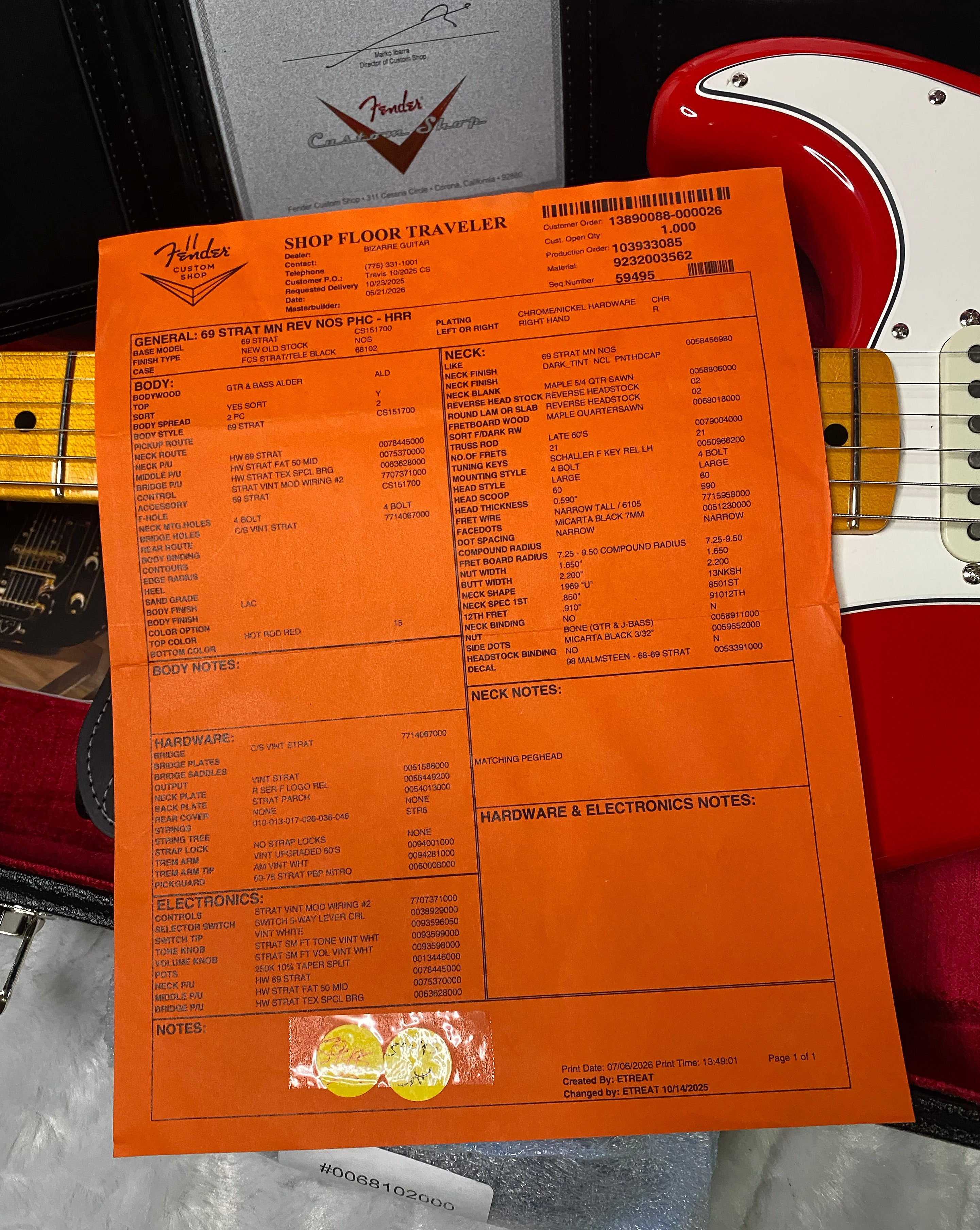 NEW! Fender Custom Shop Special Run '69 Stratocaster NOS Gloss Finish - Handwound P/U's - Hot Rod Red - Reverse Matching Headstock - 7.8 lbs - Authorized Dealer - SUPER RARE! G07471