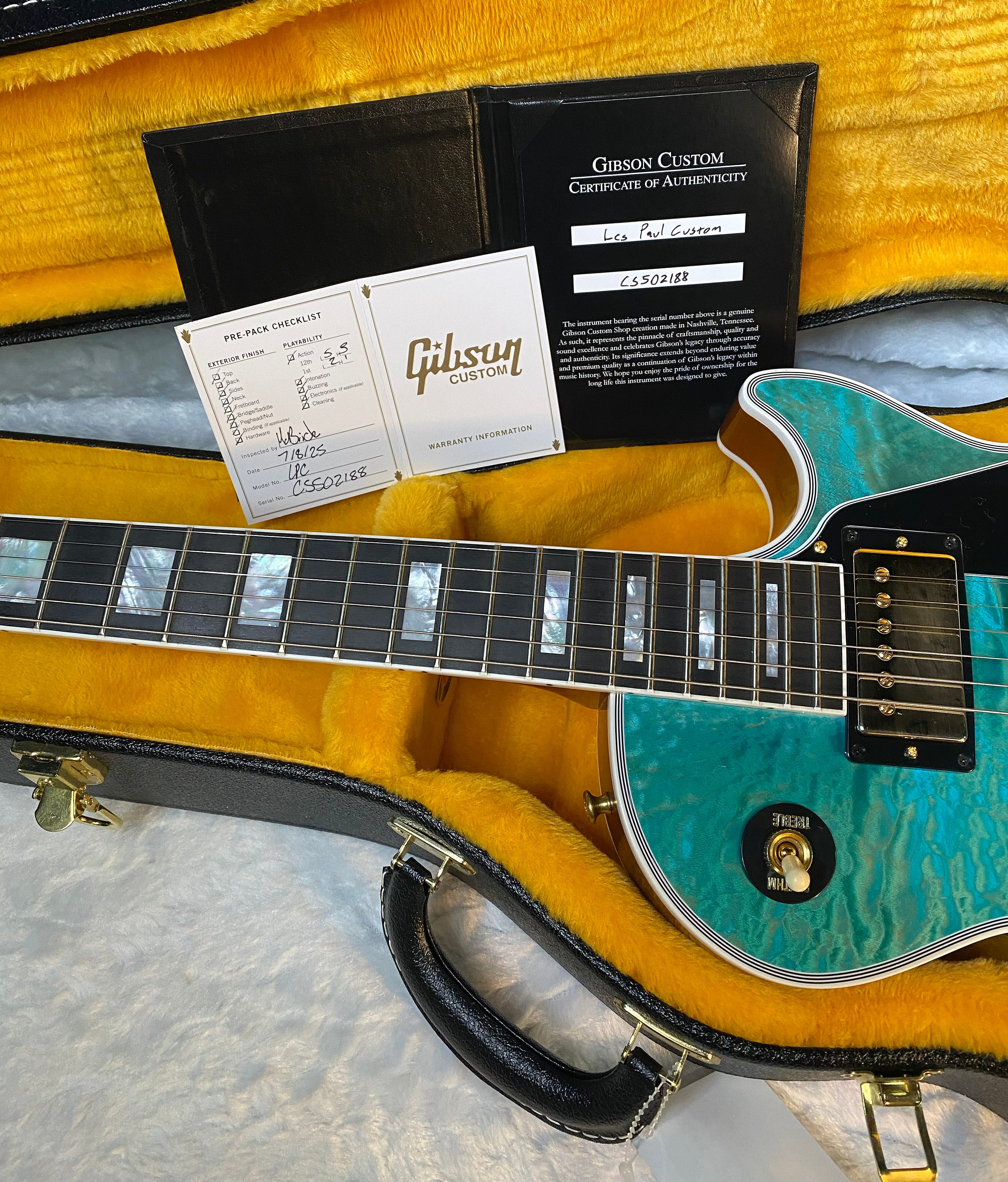 NEW! Gibson Dealer Select Custom Shop Les Paul Custom AAA Quilt Top - Aqua Blue - Authorized Dealer - WOW! 8.9 lbs - G06011