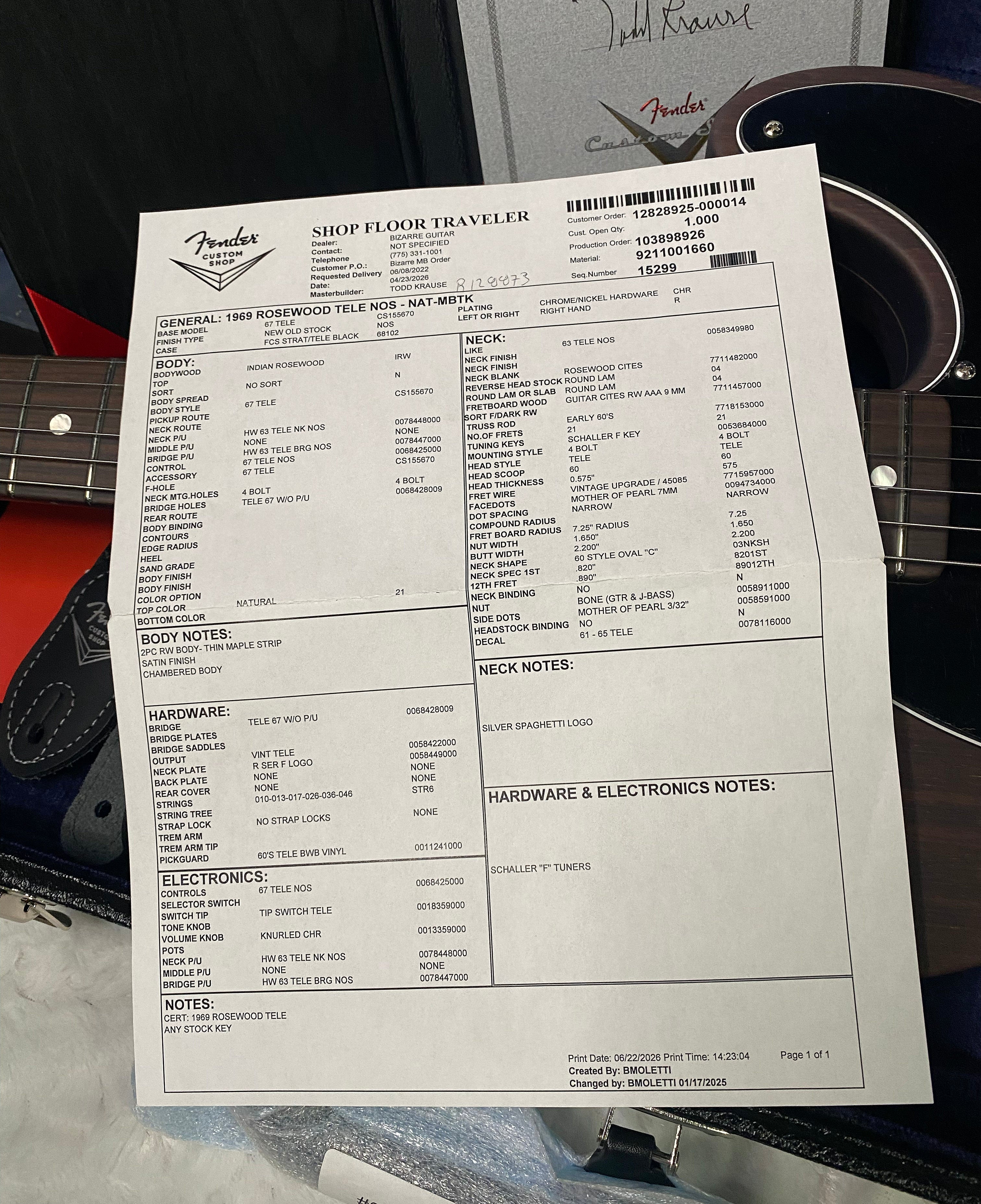 NEW! Fender Custom Shop Masterbuilt Rosewood Telecaster - 1969 NOS - Todd Krause MBTK - Tele RARE! Authorized Dealer - Only 8.35 lbs - G07478