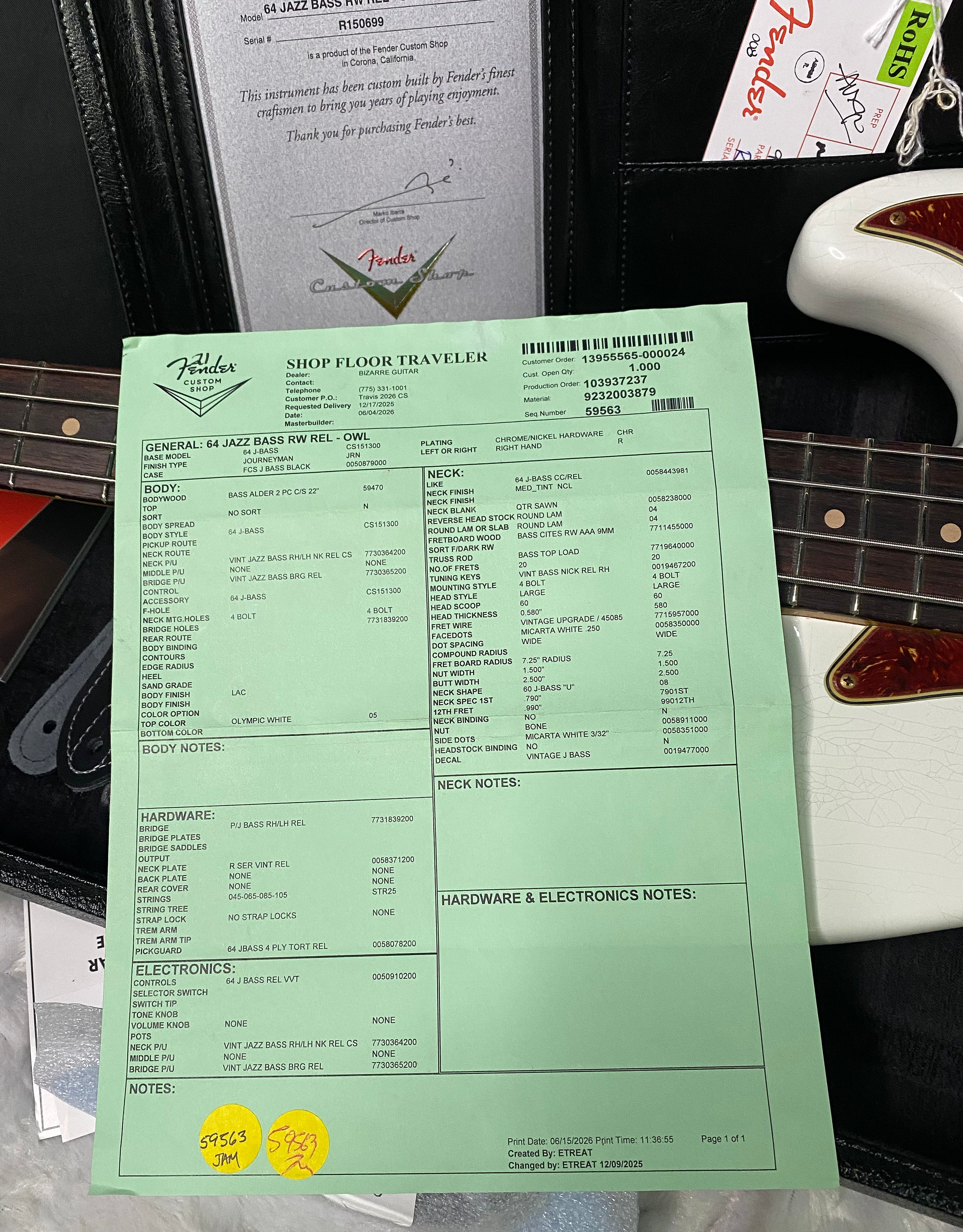 NEW! Fender Custom Shop 64 Jazz Bass Relic - Olympic White Finish - Only 9 lbs - Authorized Dealer - G07480