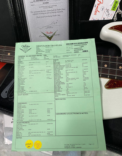 NEW! Fender Custom Shop 64 Jazz Bass Relic - Olympic White Finish - Only 9 lbs - Authorized Dealer - G07480