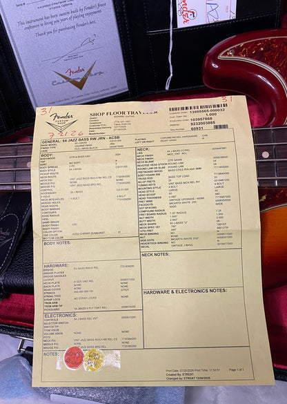 NEW! Fender Custom Shop 64 Jazz Bass Relic - Aged Cherry Sunburst Finish - Ash Body - 9.3 lbs - Authorized Dealer - G07508