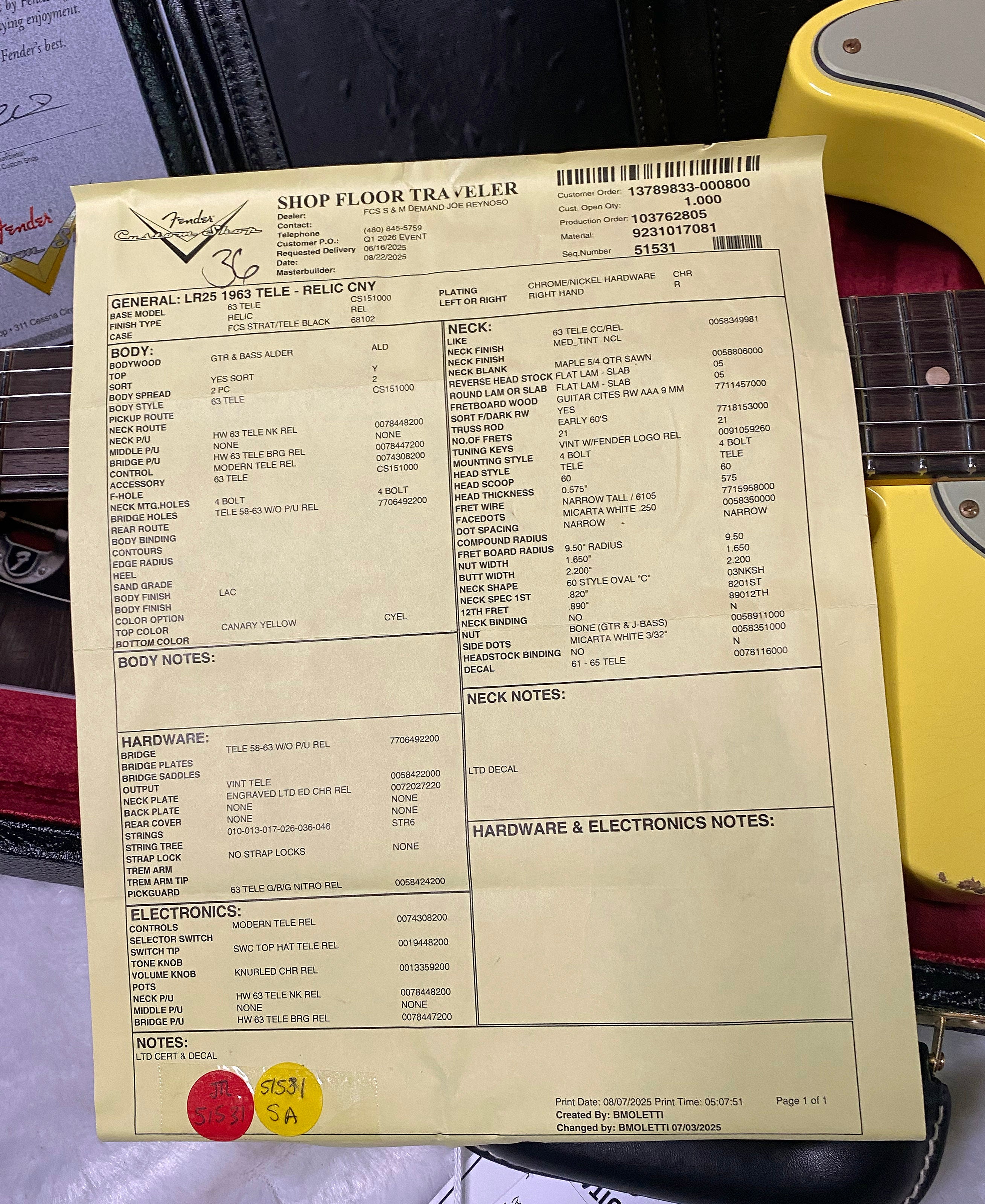 NEW! Fender '63 Relic Limited Edition Telecaster - Handwound PU's - Custom Shop - Authorized Dealer - Canary Yellow - 7.25lbs - G06490
