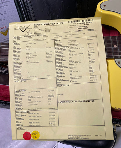 NEW! Fender '63 Relic Limited Edition Telecaster - Handwound PU's - Custom Shop - Authorized Dealer - Canary Yellow - 7.25lbs - G06490