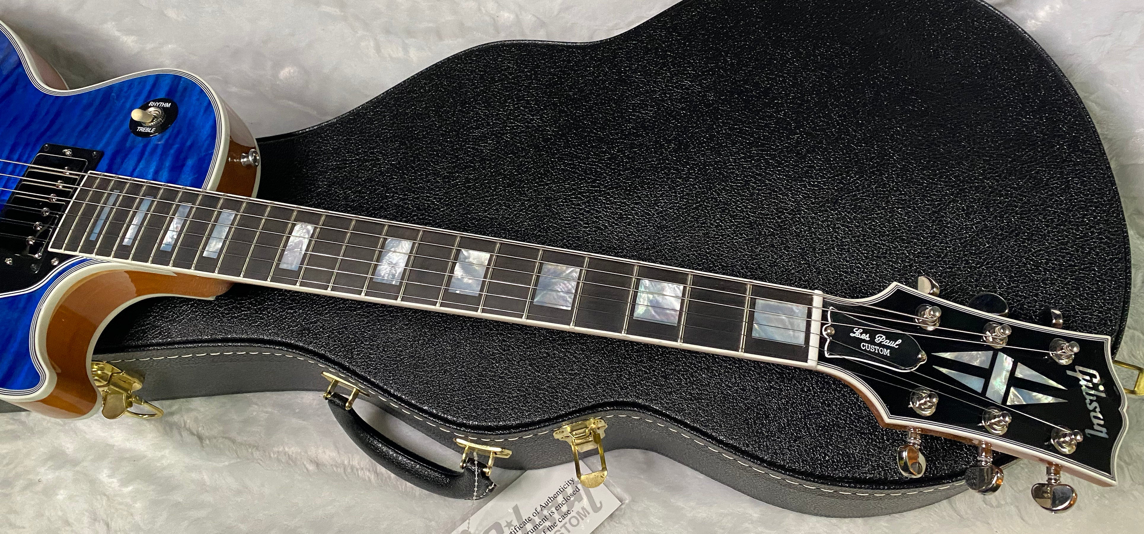 NEW! Gibson Dealer Select Custom Shop Les Paul Custom AAA Figured Flame Top - Transparent Blue / Natural Back - Authorized Dealer - WOW! 8.8 lbs - G06807