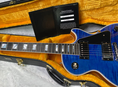 NEW! Gibson Dealer Select Custom Shop Les Paul Custom AAA Figured Flame Top - Transparent Blue / Natural Back - Authorized Dealer - WOW! 8.8 lbs - G06807
