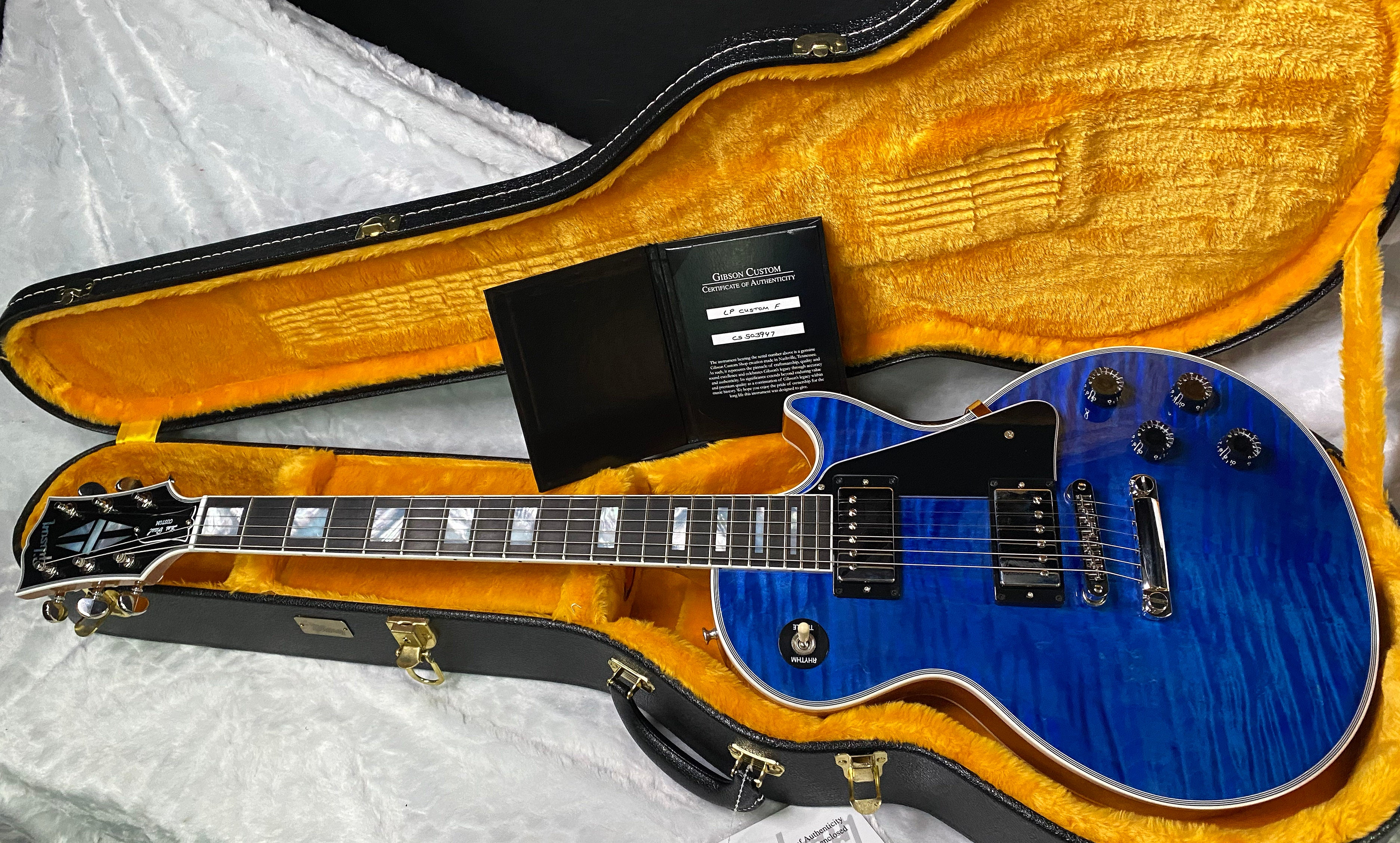 NEW! Gibson Dealer Select Custom Shop Les Paul Custom AAA Figured Flame Top - Transparent Blue / Natural Back - Authorized Dealer - WOW! 8.8 lbs - G06807