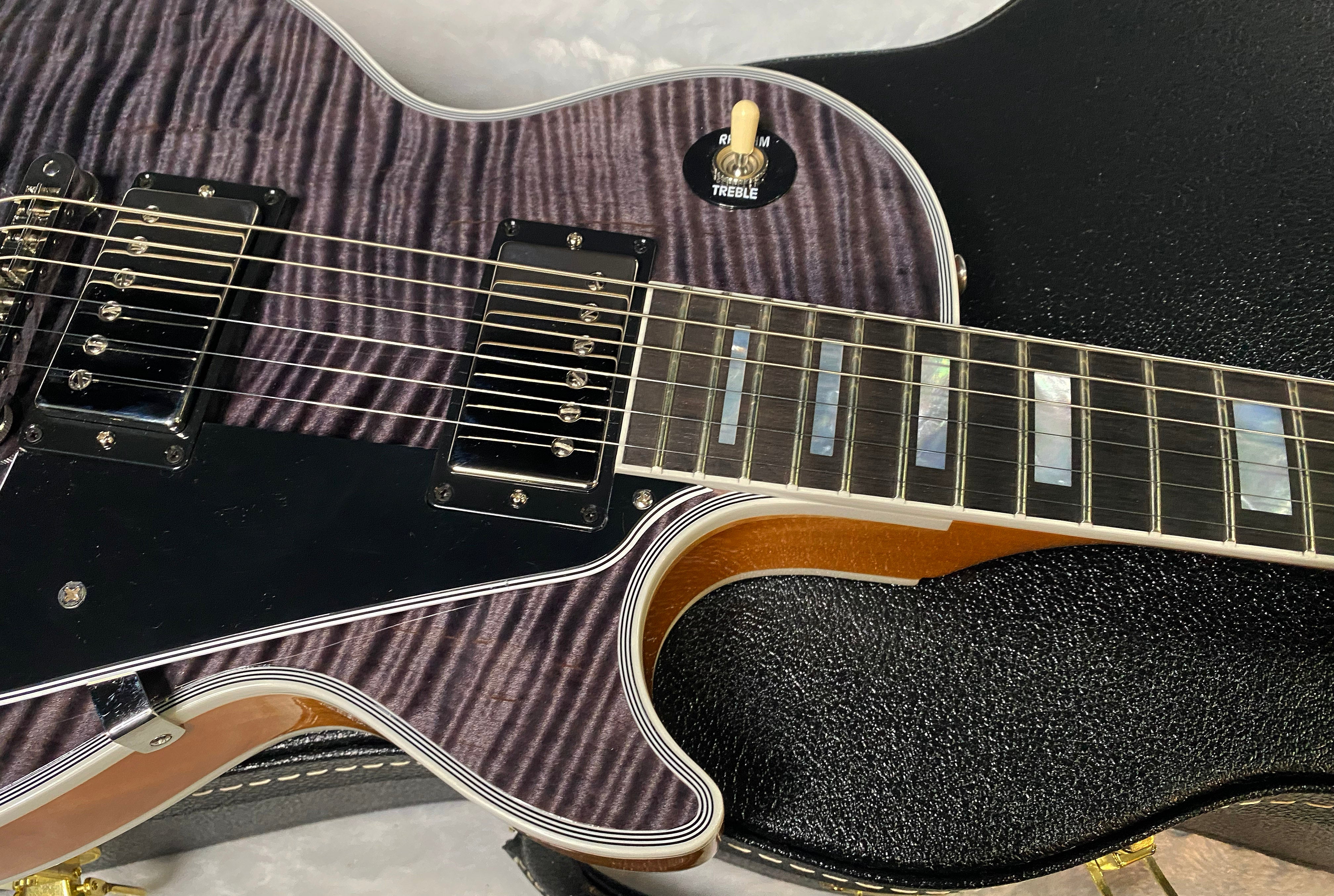NEW! Gibson Dealer Select Custom Shop Les Paul Custom AAA Figured Flame Top - Transparent Black / Natural Back - Authorized Dealer - Curly Monster Flame! WOW! 8.9 lbs - G06798