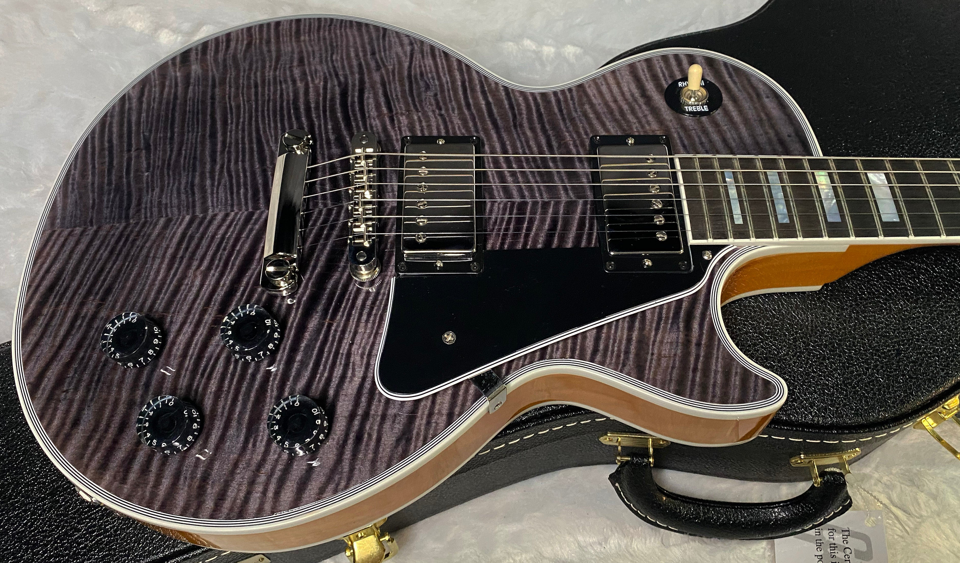 NEW! Gibson Dealer Select Custom Shop Les Paul Custom AAA Figured Flame Top - Transparent Black / Natural Back - Authorized Dealer - Curly Monster Flame! WOW! 8.9 lbs - G06798
