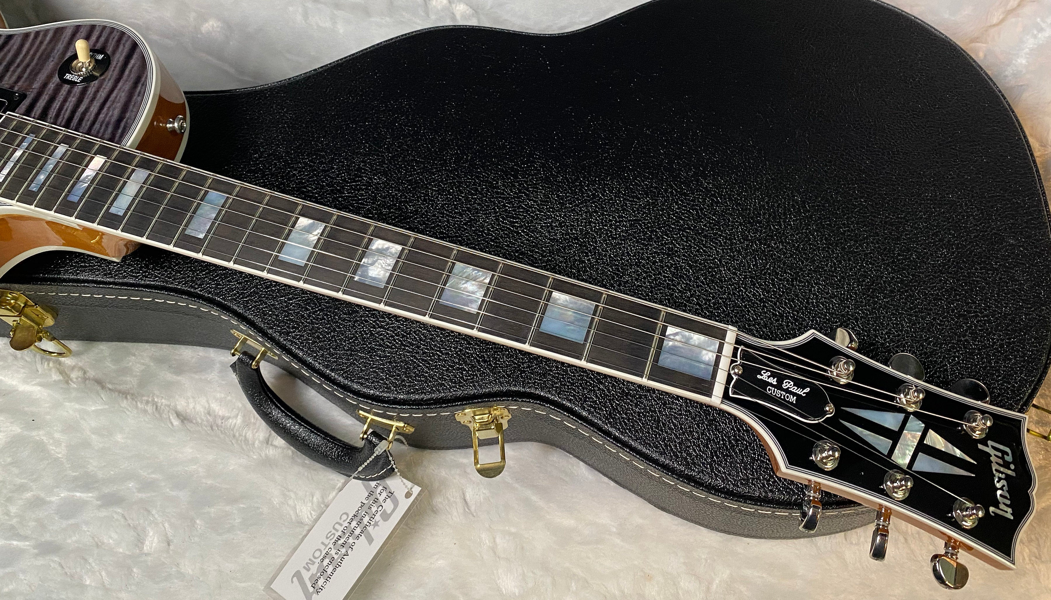 NEW! Gibson Dealer Select Custom Shop Les Paul Custom AAA Figured Flame Top - Transparent Black / Natural Back - Authorized Dealer - Curly Monster Flame! WOW! 8.9 lbs - G06798