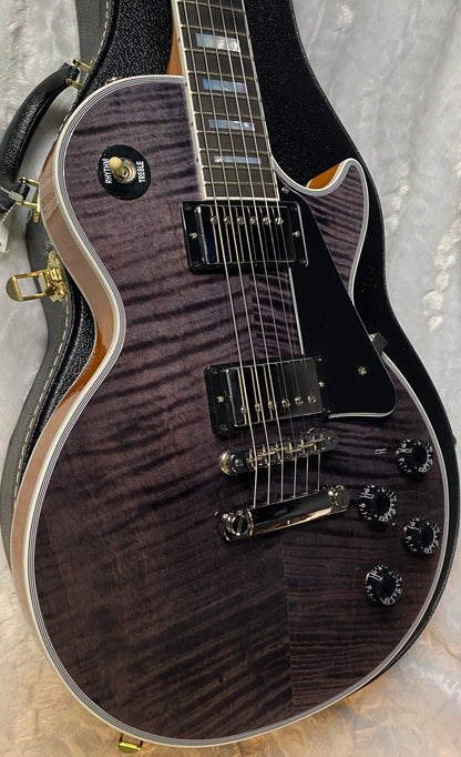 NEW! Gibson Dealer Select Custom Shop Les Paul Custom AAA Figured Flame Top - Transparent Black / Natural Back - Authorized Dealer - Curly Monster Flame! WOW! 8.9 lbs - G06798
