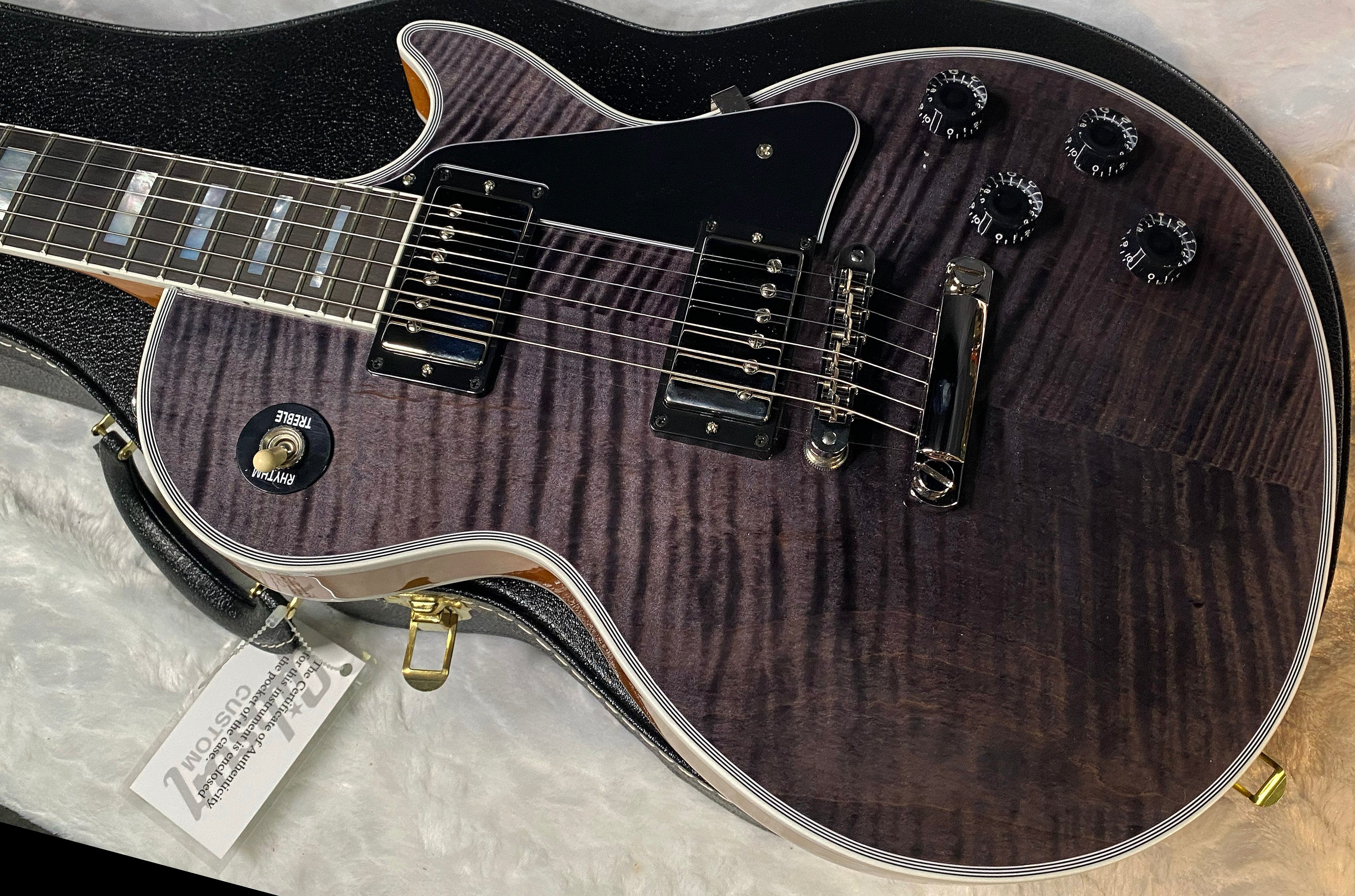 NEW! Gibson Dealer Select Custom Shop Les Paul Custom AAA Figured Flame Top - Transparent Black / Natural Back - Authorized Dealer - Curly Monster Flame! WOW! 8.9 lbs - G06798