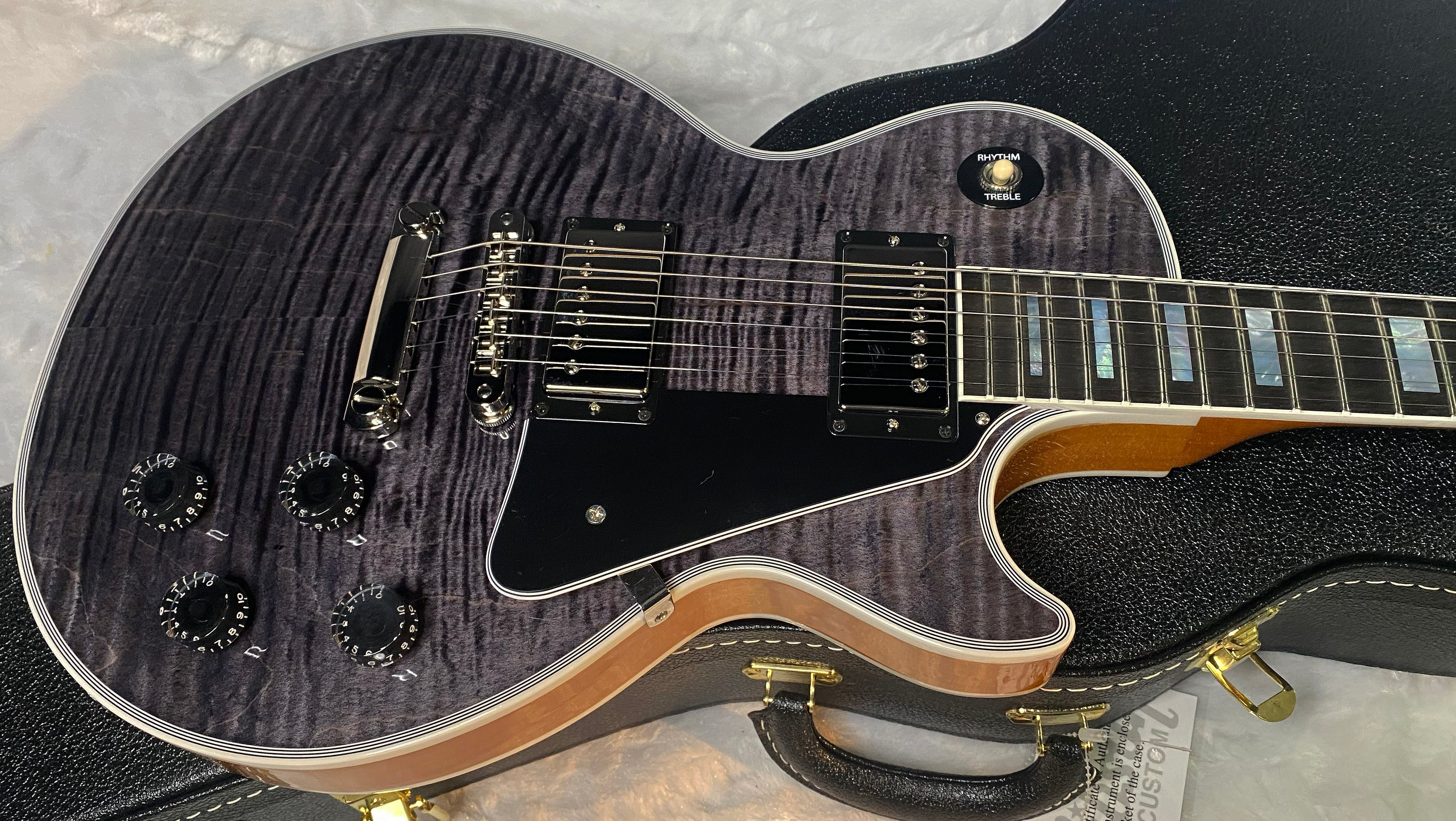 NEW! Gibson Dealer Select Custom Shop Les Paul Custom AAA Figured Flame Top - Transparent Black / Natural Back - Authorized Dealer - 8.8 lbs - G06805