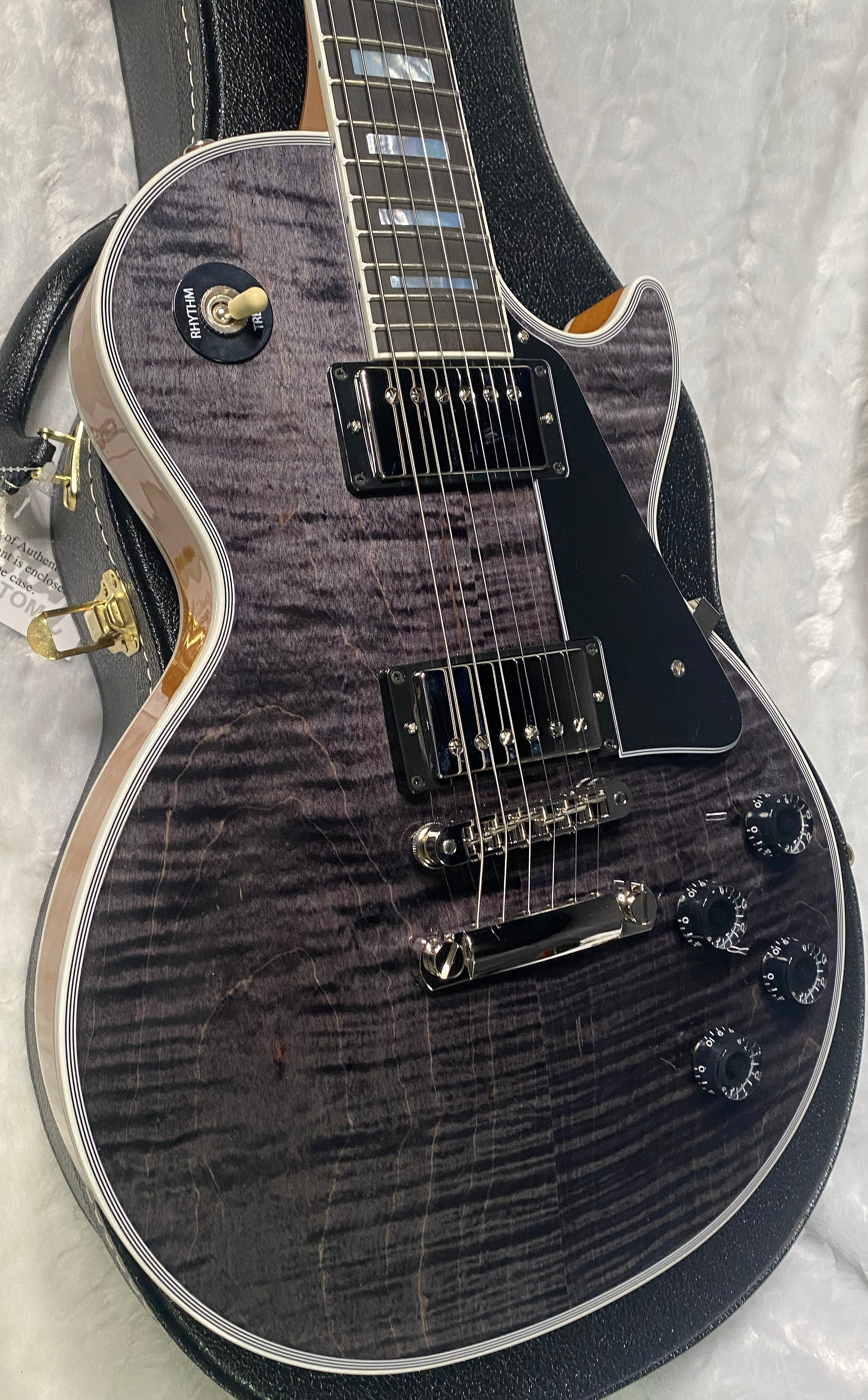NEW! Gibson Dealer Select Custom Shop Les Paul Custom AAA Figured Flame Top - Transparent Black / Natural Back - Authorized Dealer - 8.8 lbs - G06805