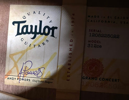 NEW! Taylor 312ce V-Class Grand Concert Acoustic-Electric Guitar - Natural - 4.3lbs - Authorized Dealer - G06217