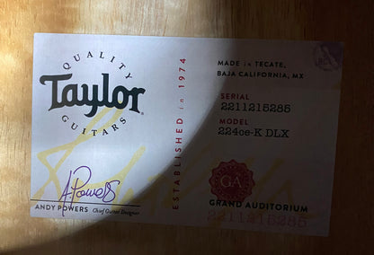 NEW! Taylor 224ce-K DLX Grand Auditorium Acoustic-Electric Guitar - Tobacco - 4.8lbs - Authorized Dealer - G06236