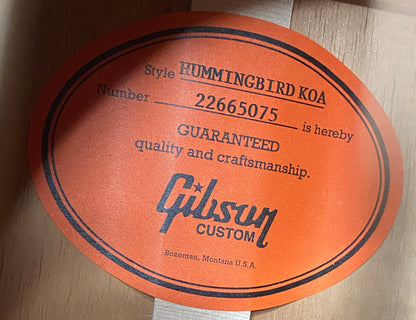 NEW! Gibson Custom Shop Hummingbird Koa/Carpathian Spruce Acoustic-Electric Guitar - Honeyburst - 4.65 lbs - Authorized Dealer! G06299