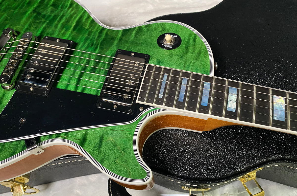 NEW! Gibson Dealer Select Custom Shop Les Paul Custom AAA Figured Flame Top - Transparent Green / Natural Back - Authorized Dealer - WOW! Only 8.7 lbs - G07689