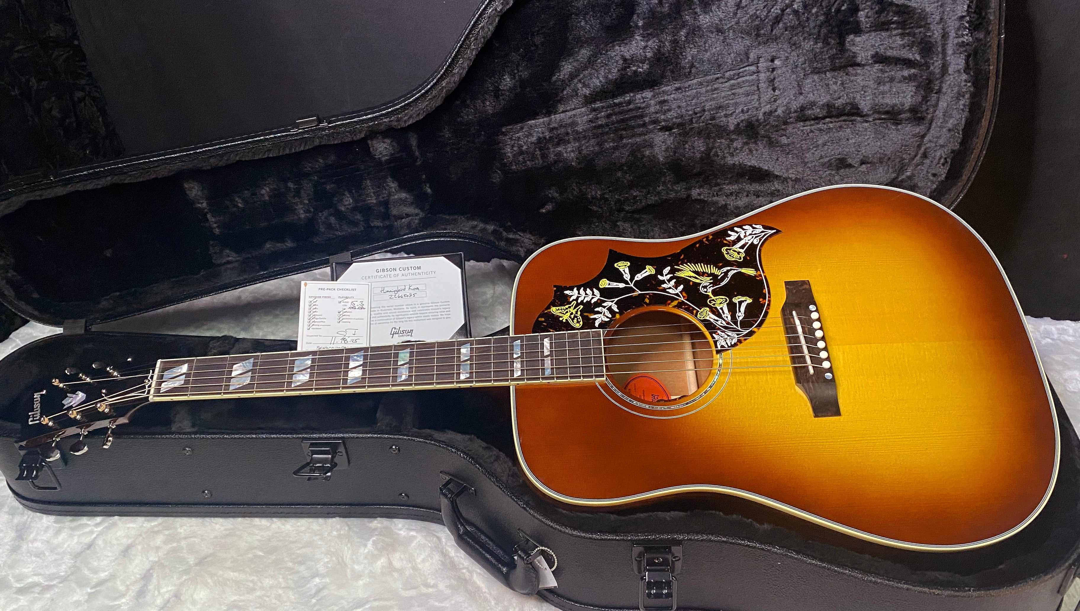 NEW! Gibson Custom Shop Hummingbird Koa/Carpathian Spruce Acoustic-Electric Guitar - Honeyburst - 4.65 lbs - Authorized Dealer! G06299